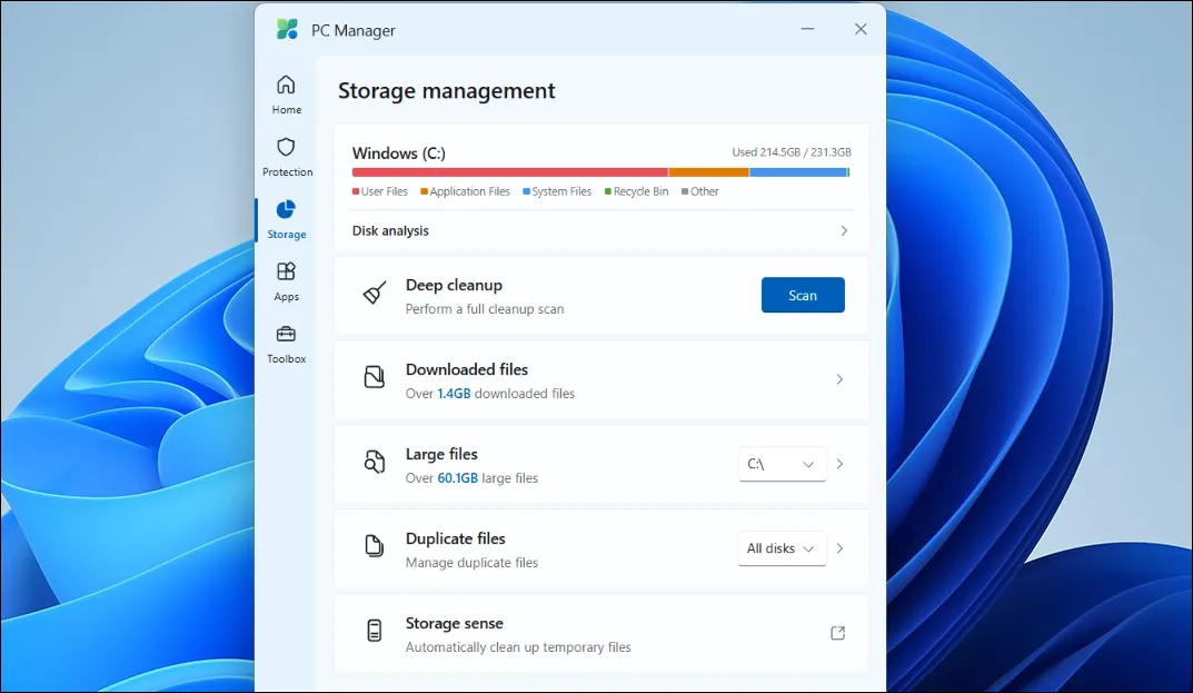 Giao diện quản lý bộ nhớ của Microsoft PC Manager hiển thị dung lượng đã dùng và các tùy chọn dọn dẹp file, tối ưu ổ đĩa