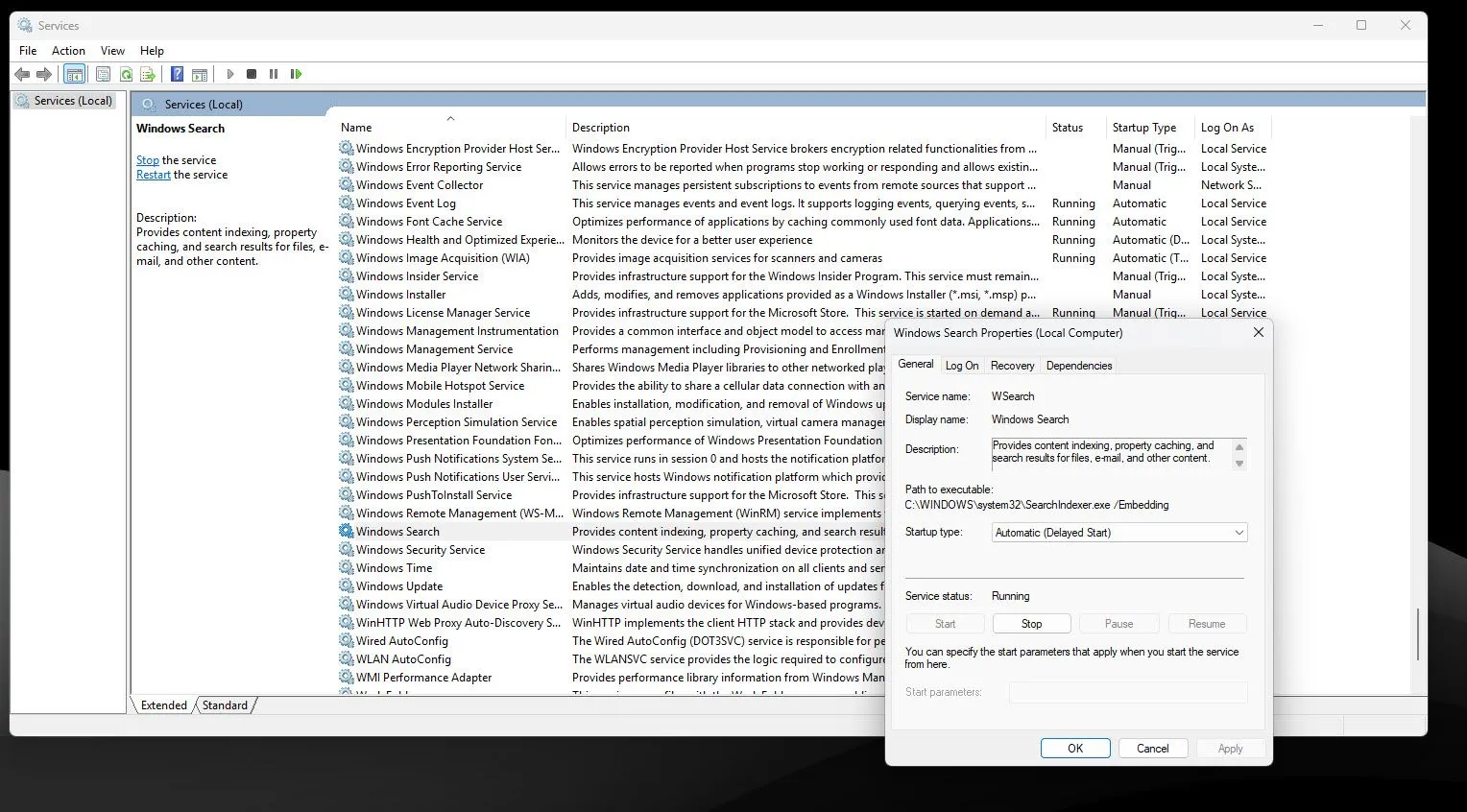 Giao diện quản lý dịch vụ Windows với cửa sổ thuộc tính đang mở
