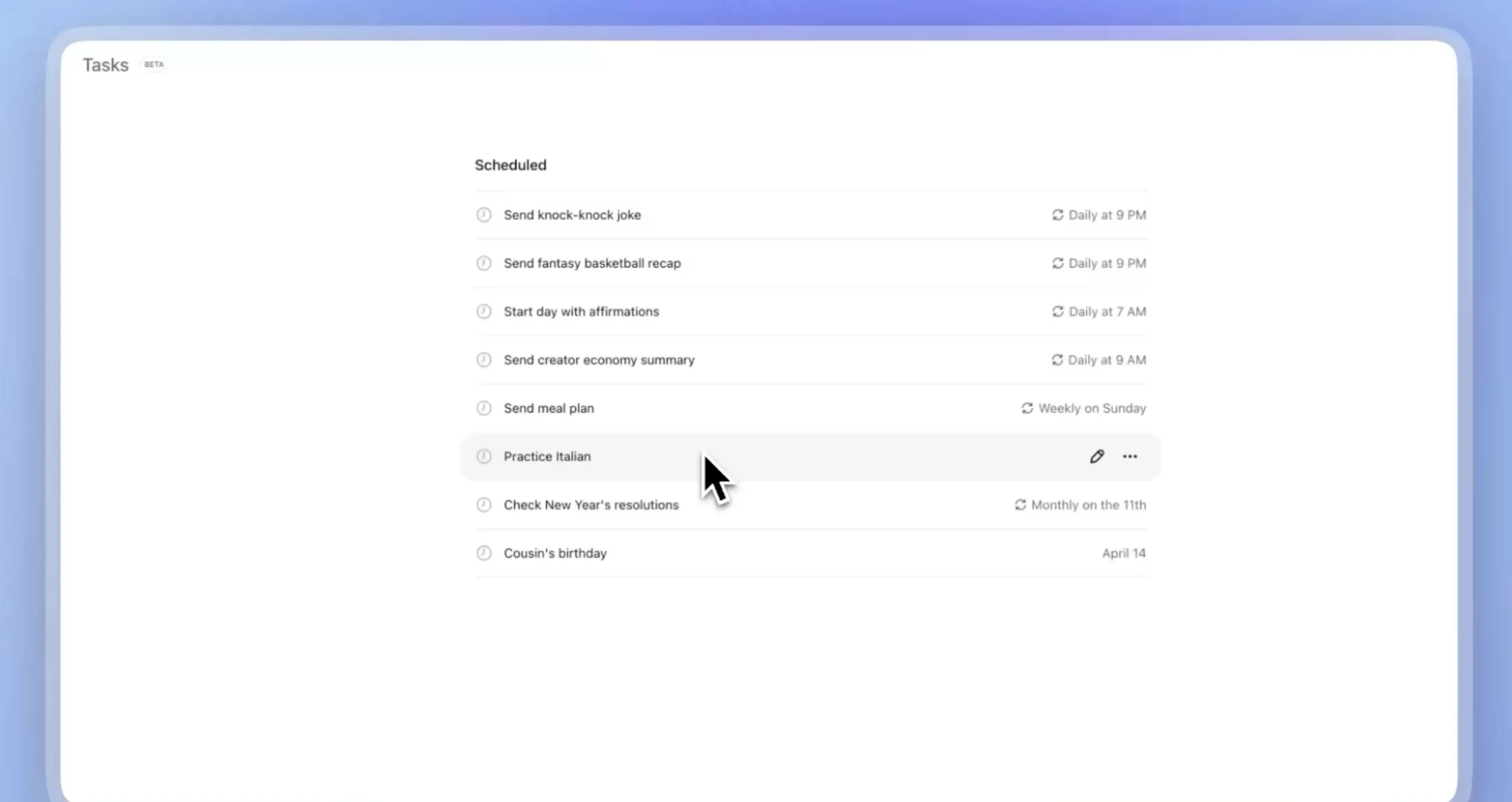 Giao diện quản lý tác vụ (Tasks pane) mới của ChatGPT, hiển thị các nhắc nhở và công việc đã lên lịch.