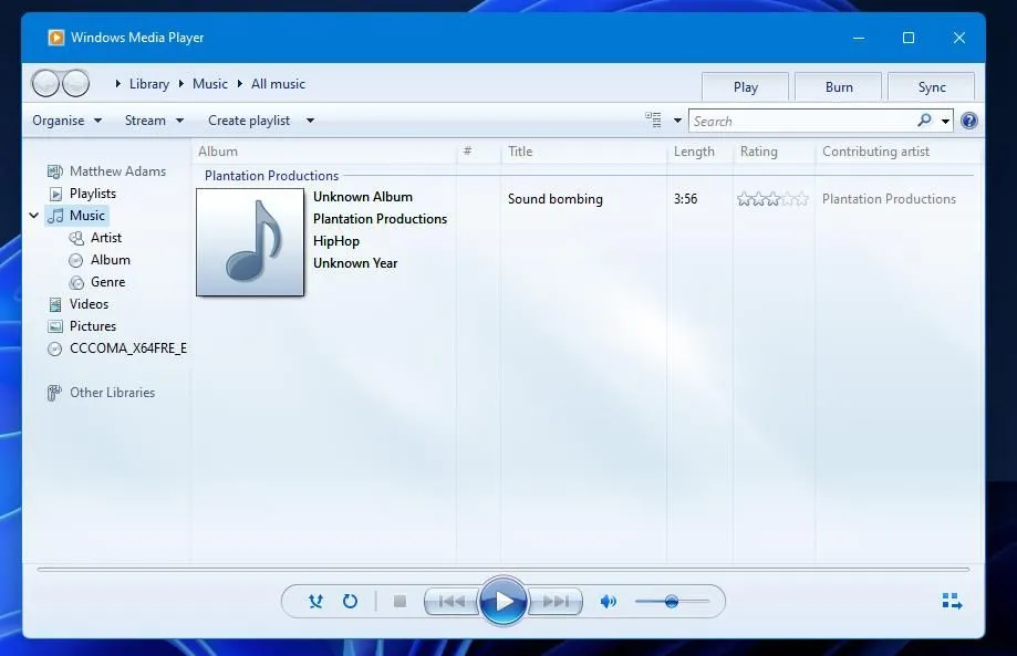Giao diện quen thuộc của Windows Media Player Legacy trên màn hình máy tính