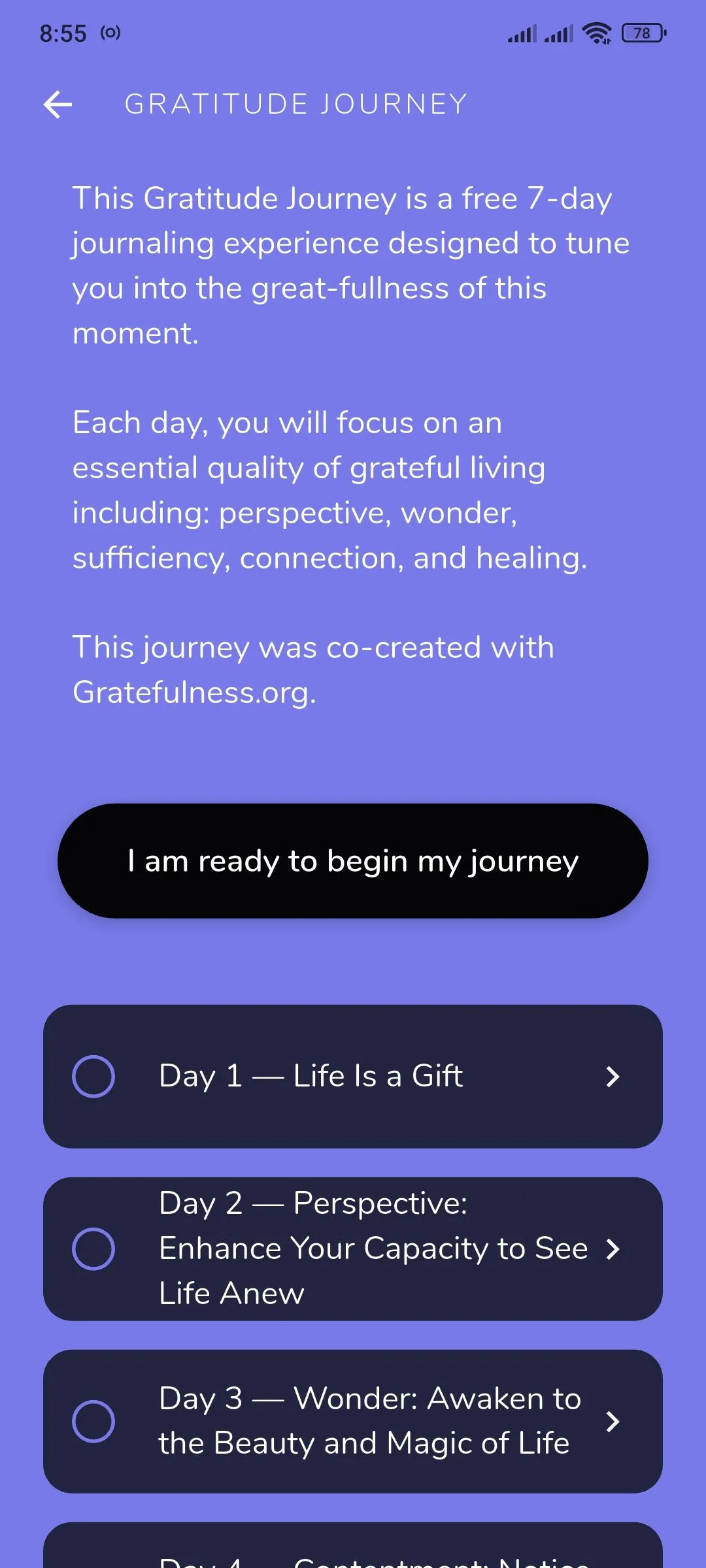 Giao diện Reflection.app hiển thị hướng dẫn hành trình biết ơn cho người dùng muốn tự phản tư