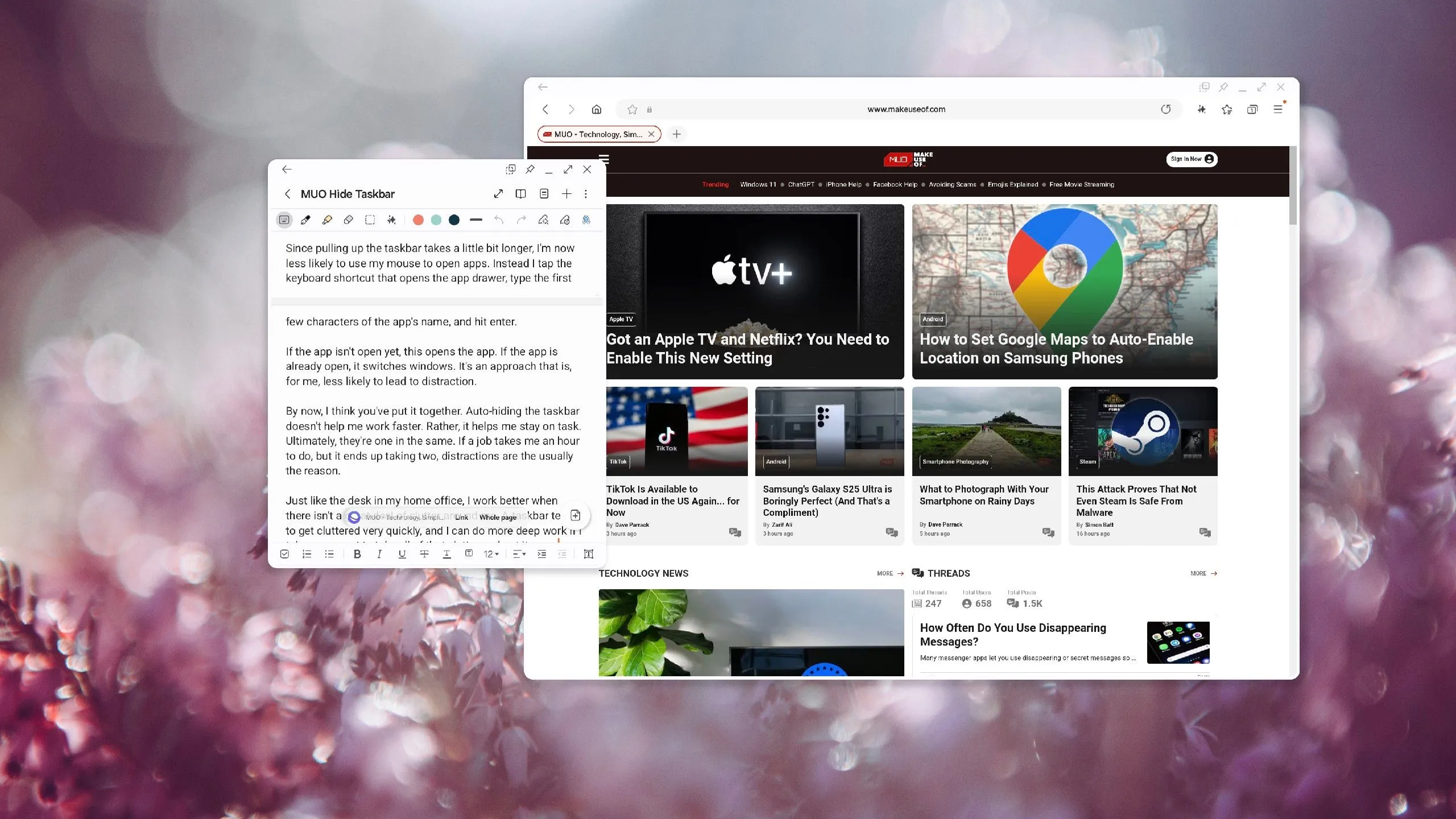 Giao diện Samsung DeX với ứng dụng Samsung Notes và Internet đang mở, minh họa sự tập trung làm việc.