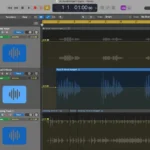 Giao diện sắp xếp của phần mềm Logic Pro 11 hiển thị các bản nhạc và công cụ chỉnh sửa âm thanh.
