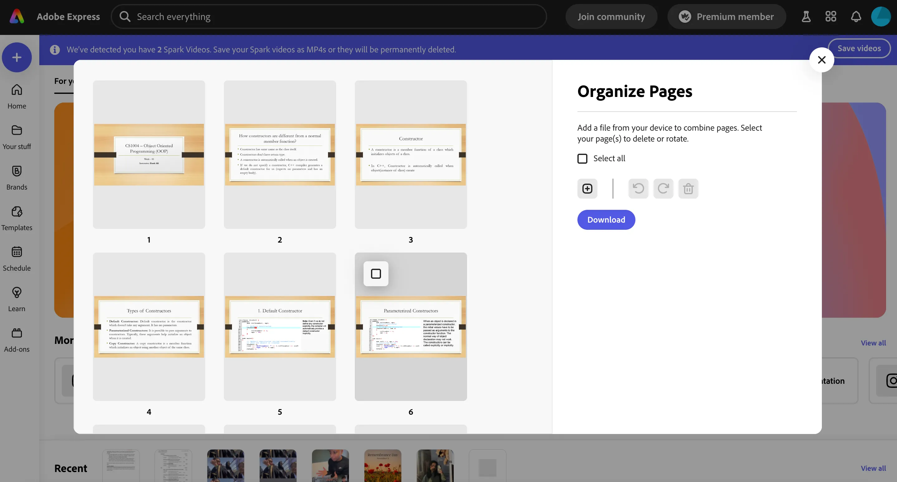 Giao diện sắp xếp, xoay hoặc xóa các trang trong tệp PDF bằng công cụ Adobe Express