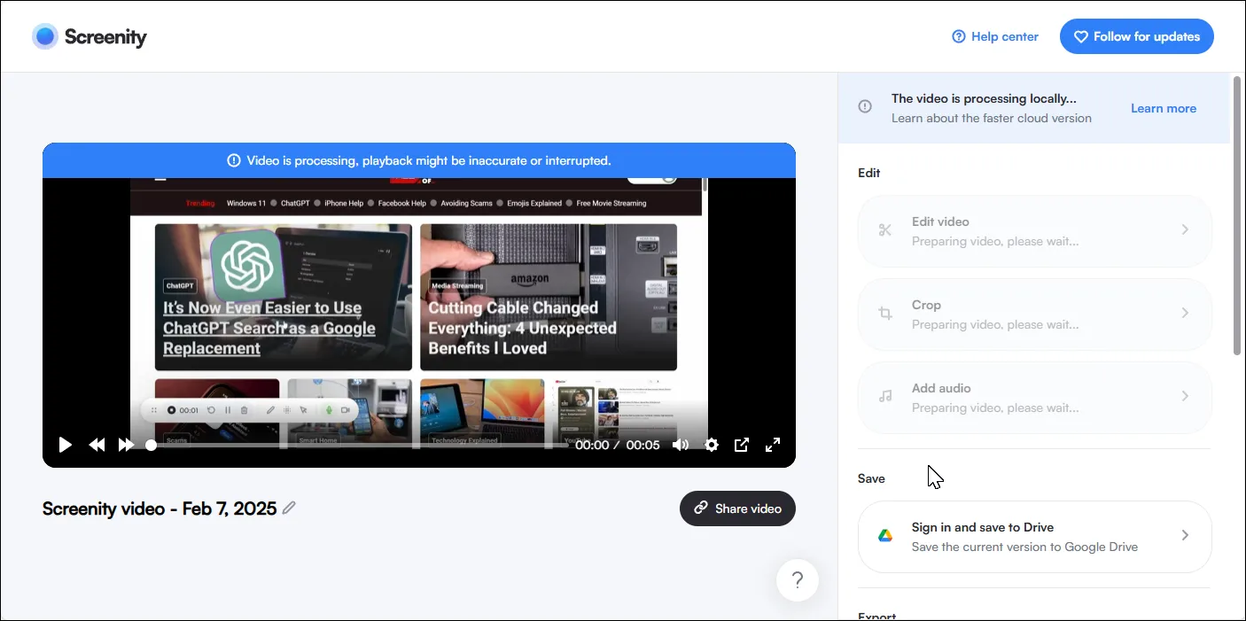 Giao diện Screenity hiển thị màn hình đã ghi cùng các công cụ chú thích