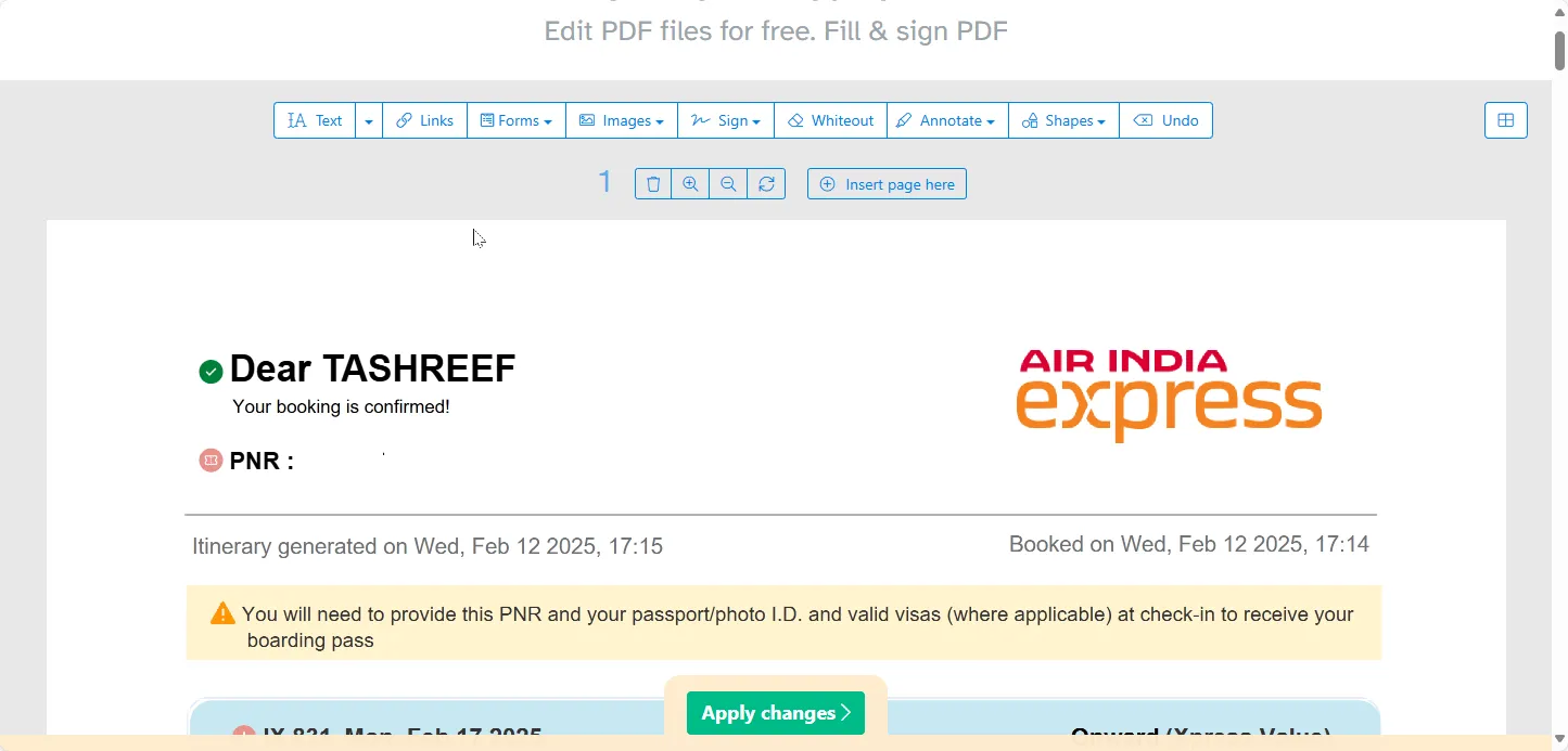 Giao diện Sejda PDF Editor trực tuyến cho phép chỉnh sửa văn bản, hình ảnh, thêm ghi chú và xóa trang PDF một cách trực quan