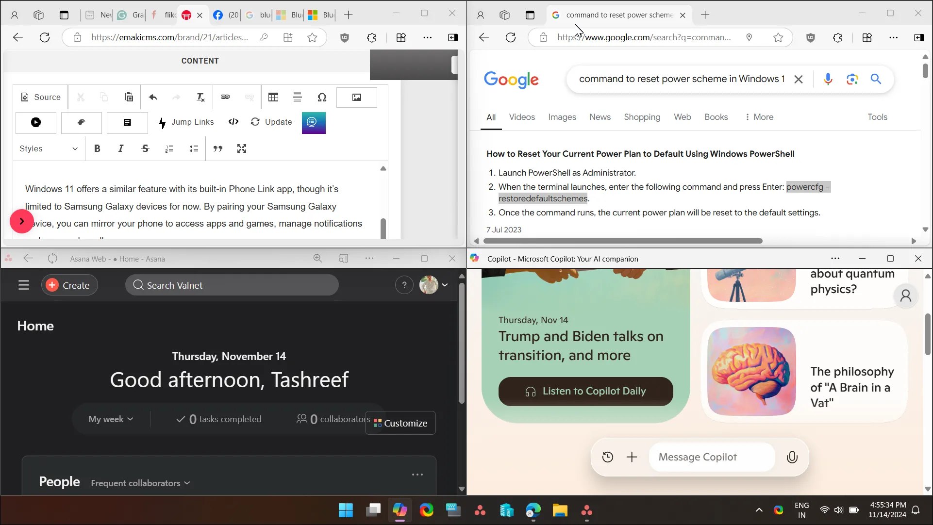 Giao diện Snap Layouts của Windows 11 với bốn cửa sổ ứng dụng được sắp xếp gọn gàng