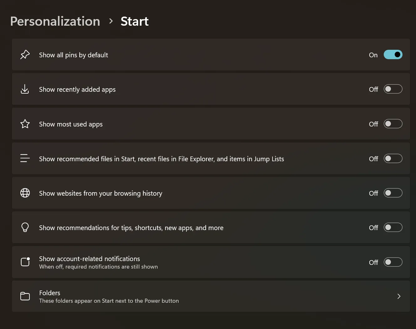 Giao diện Start Menu Windows 11 bản Insider cho thấy khả năng tùy chỉnh mục Recommended