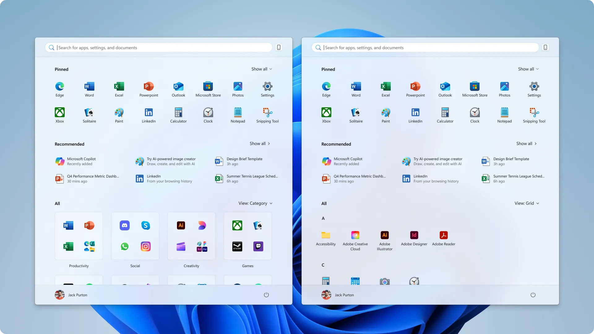Giao diện Start Menu Windows 11 mới với tùy chọn hiển thị danh mục và dạng lưới