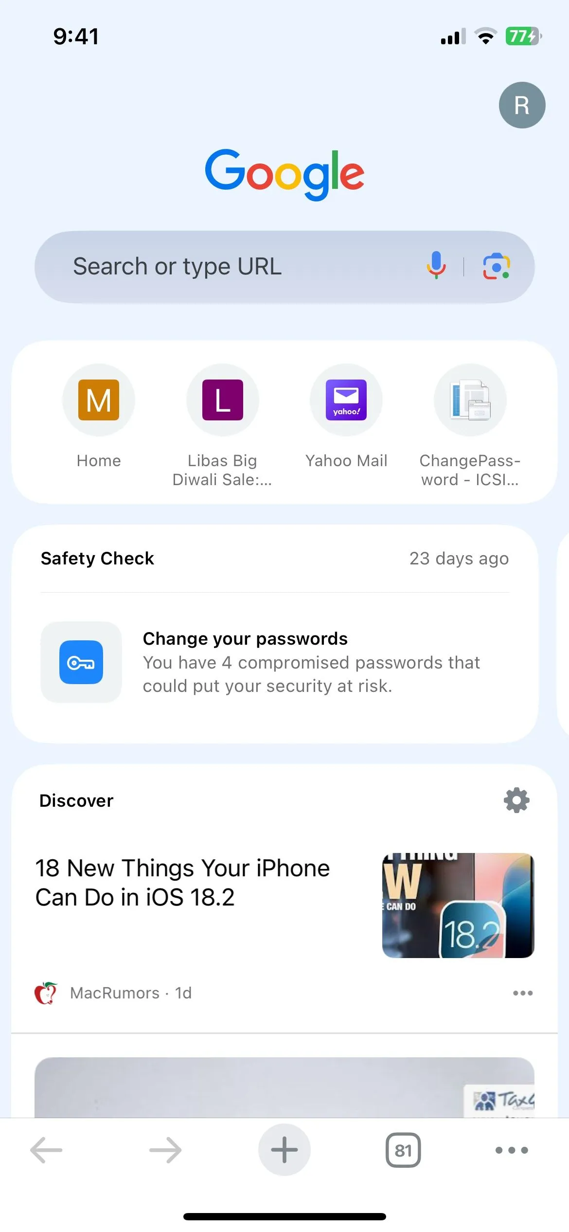 Giao diện tab mới của trình duyệt Chrome trên iPhone với tính năng Google Discover