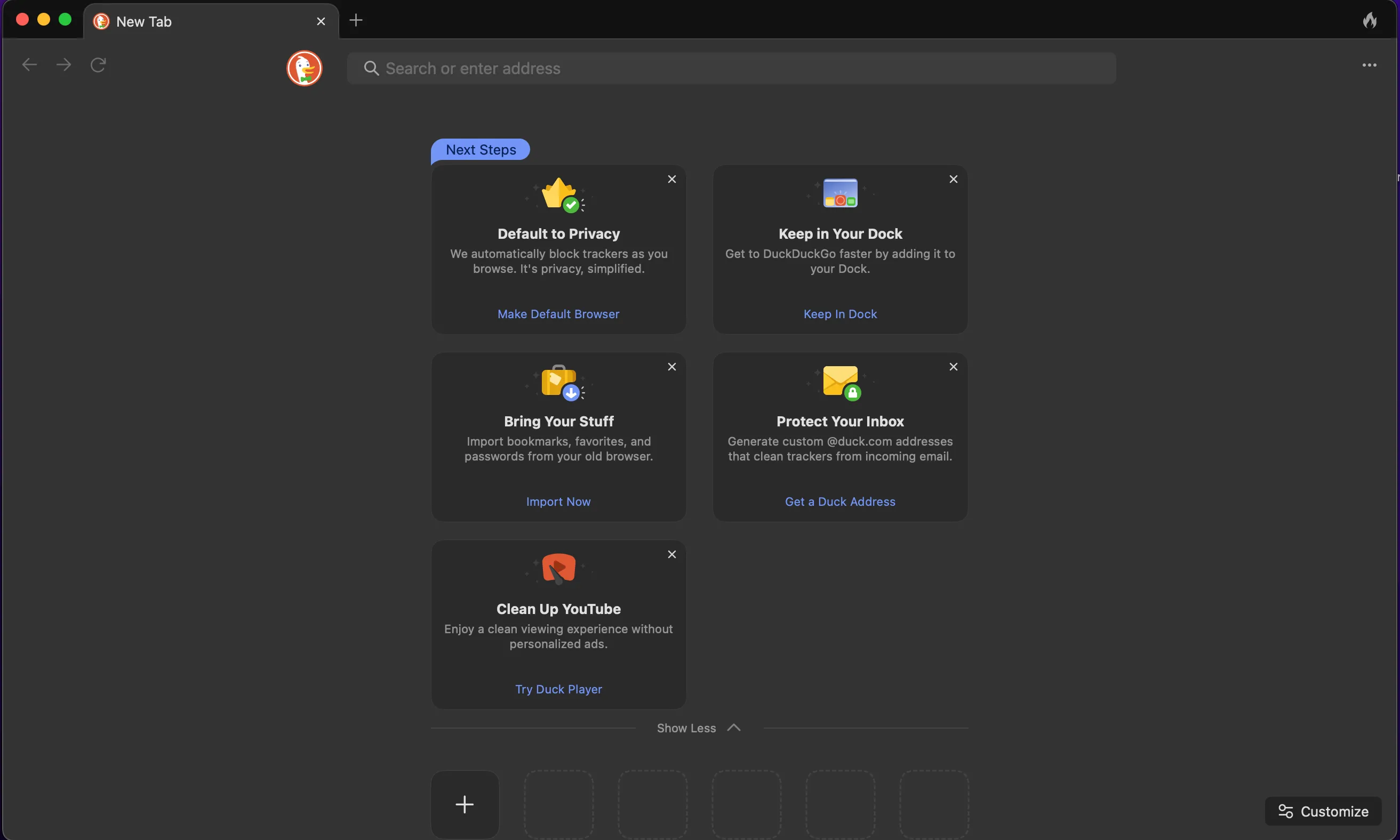 Giao diện tab mới của trình duyệt DuckDuckGo với các tùy chọn bảo mật
