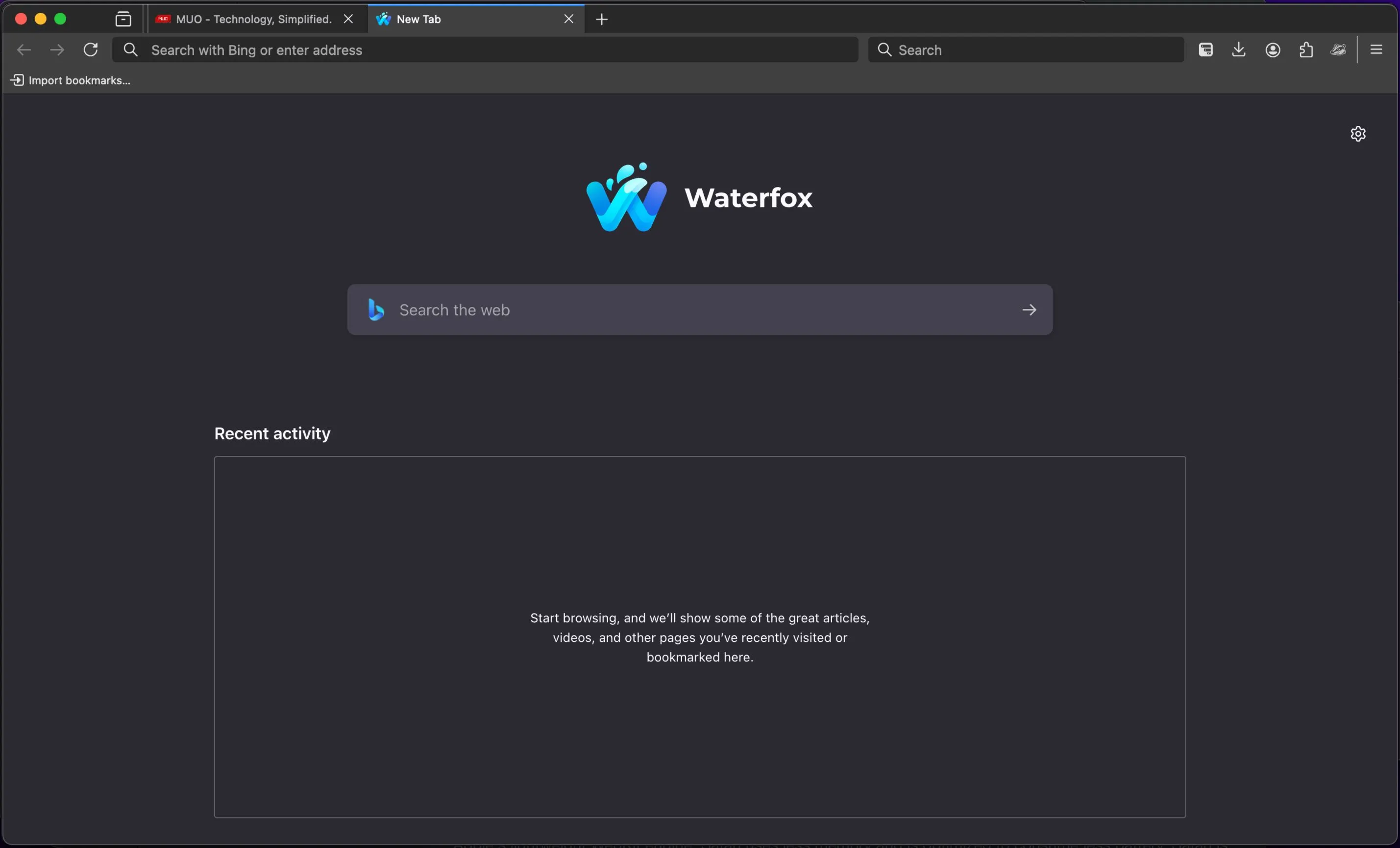 Giao diện tab mới của trình duyệt Waterfox trên macOS, tập trung vào quyền riêng tư