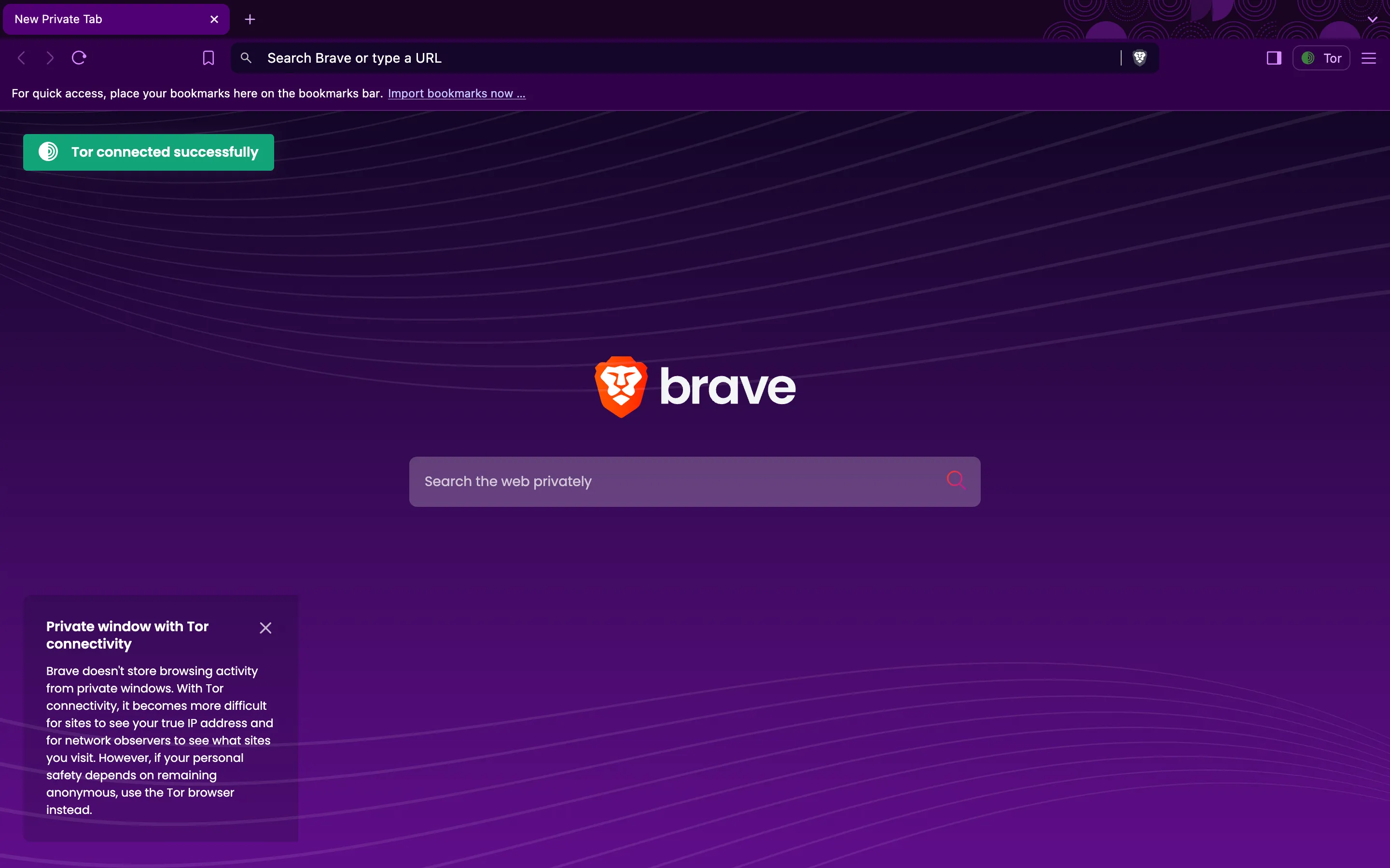 Giao diện tab mới trong chế độ riêng tư của Brave Browser tích hợp Tor, minh họa cách duyệt web ẩn danh hiệu quả