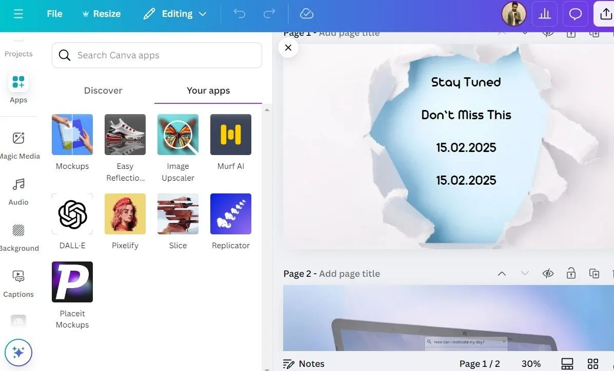 Giao diện tab Ứng dụng (Apps) trong ứng dụng Canva trên máy tính