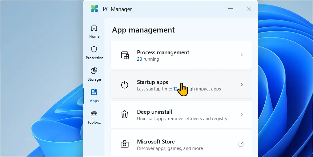 Giao diện tab Ứng dụng của Microsoft PC Manager trên Windows 11, cho phép quản lý các tiến trình và ứng dụng khởi động, gỡ cài đặt phần mềm
