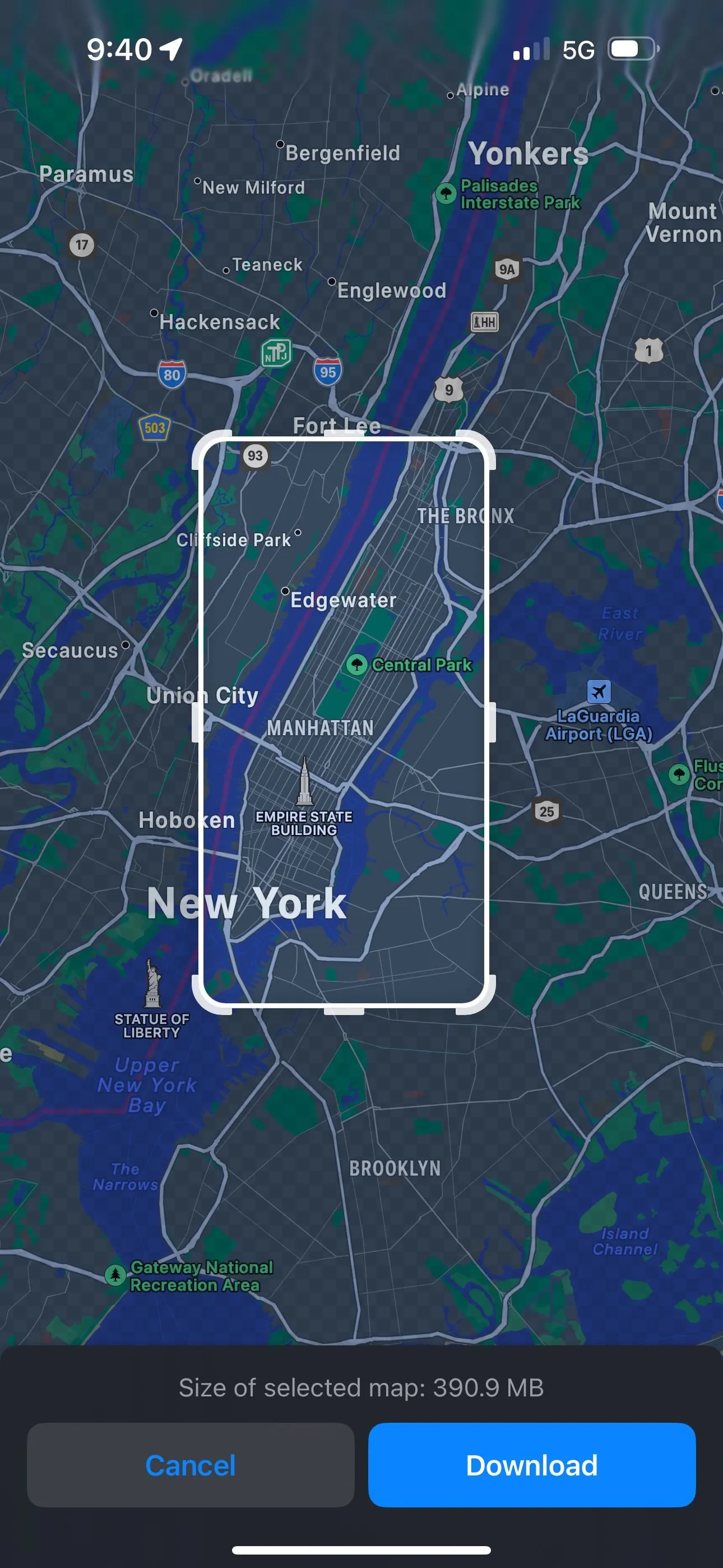 Giao diện tải bản đồ ngoại tuyến thành phố New York trong ứng dụng Apple Maps trên iOS 17.