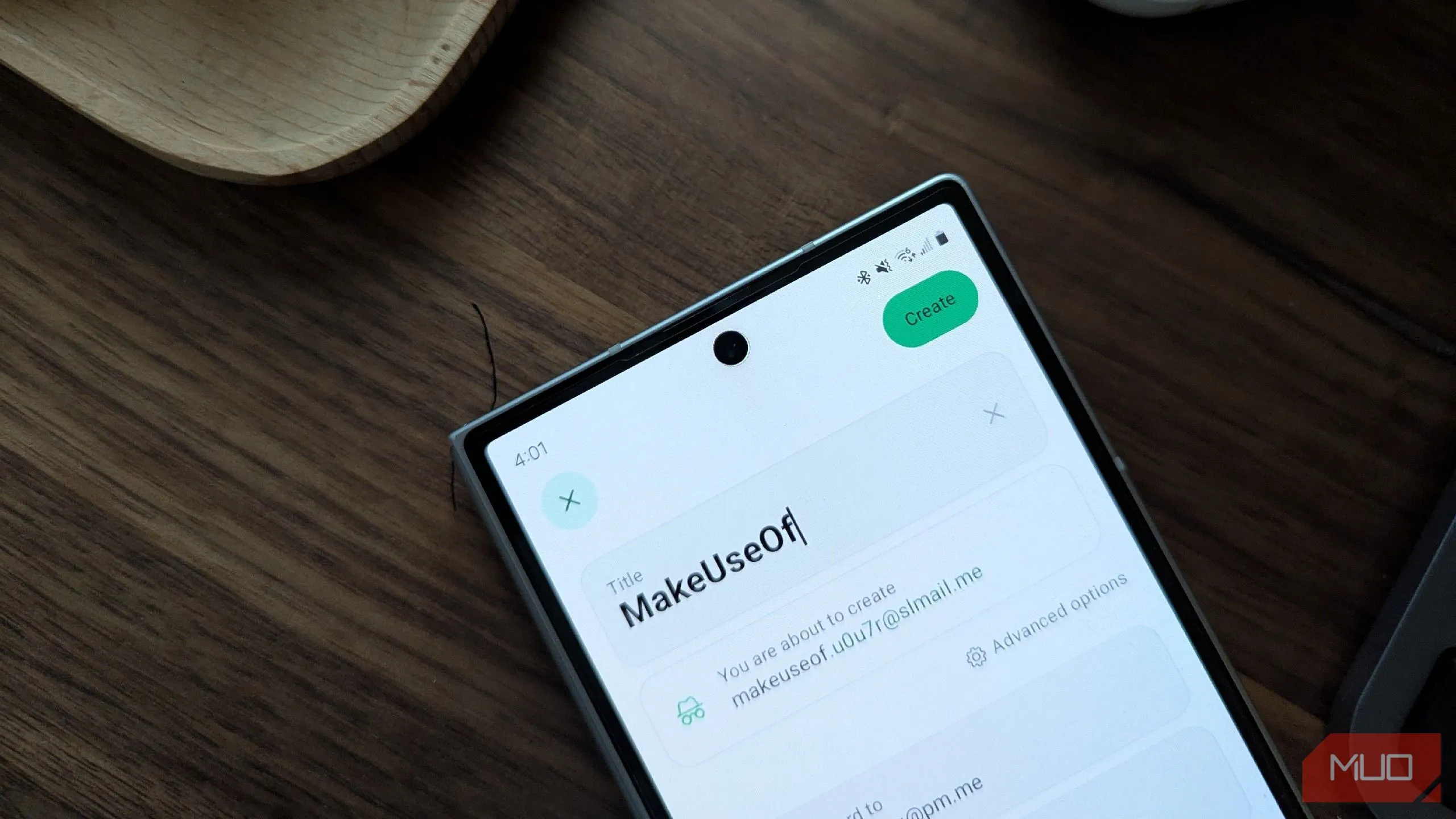Giao diện tạo bí danh email cho MakeUseOf trong ứng dụng Proton Pass trên Android