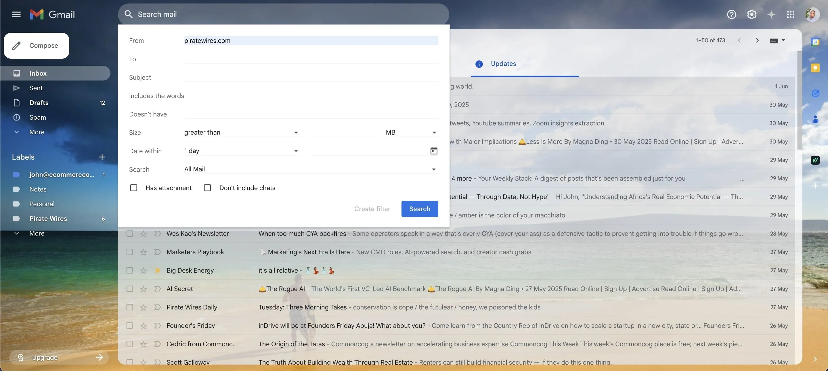 Giao diện tạo bộ lọc email trong Gmail với các trường tìm kiếm và tùy chọn hành động