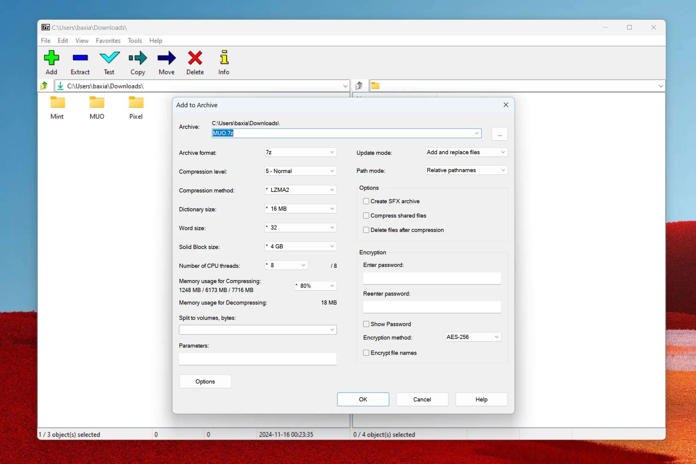Giao diện tạo file nén 7z mới trong 7-Zip với các tùy chọn cài đặt nâng cao