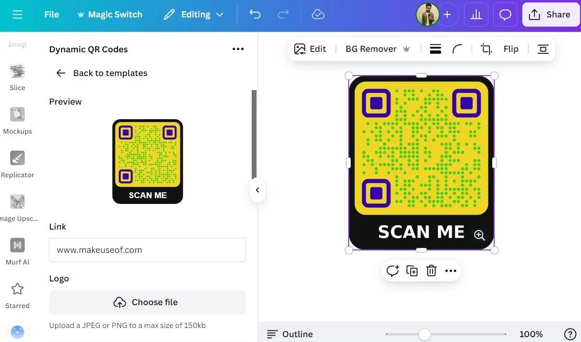 Giao diện tạo mã QR động trong Canva, cho phép người dùng tùy chỉnh màu sắc và thêm logo vào mã QR để tối ưu thương hiệu.