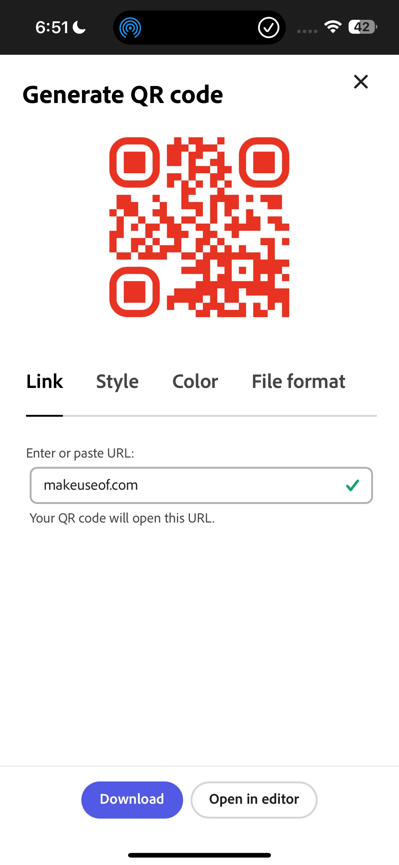 Giao diện tạo mã QR trong Adobe Express với đường liên kết mẫu