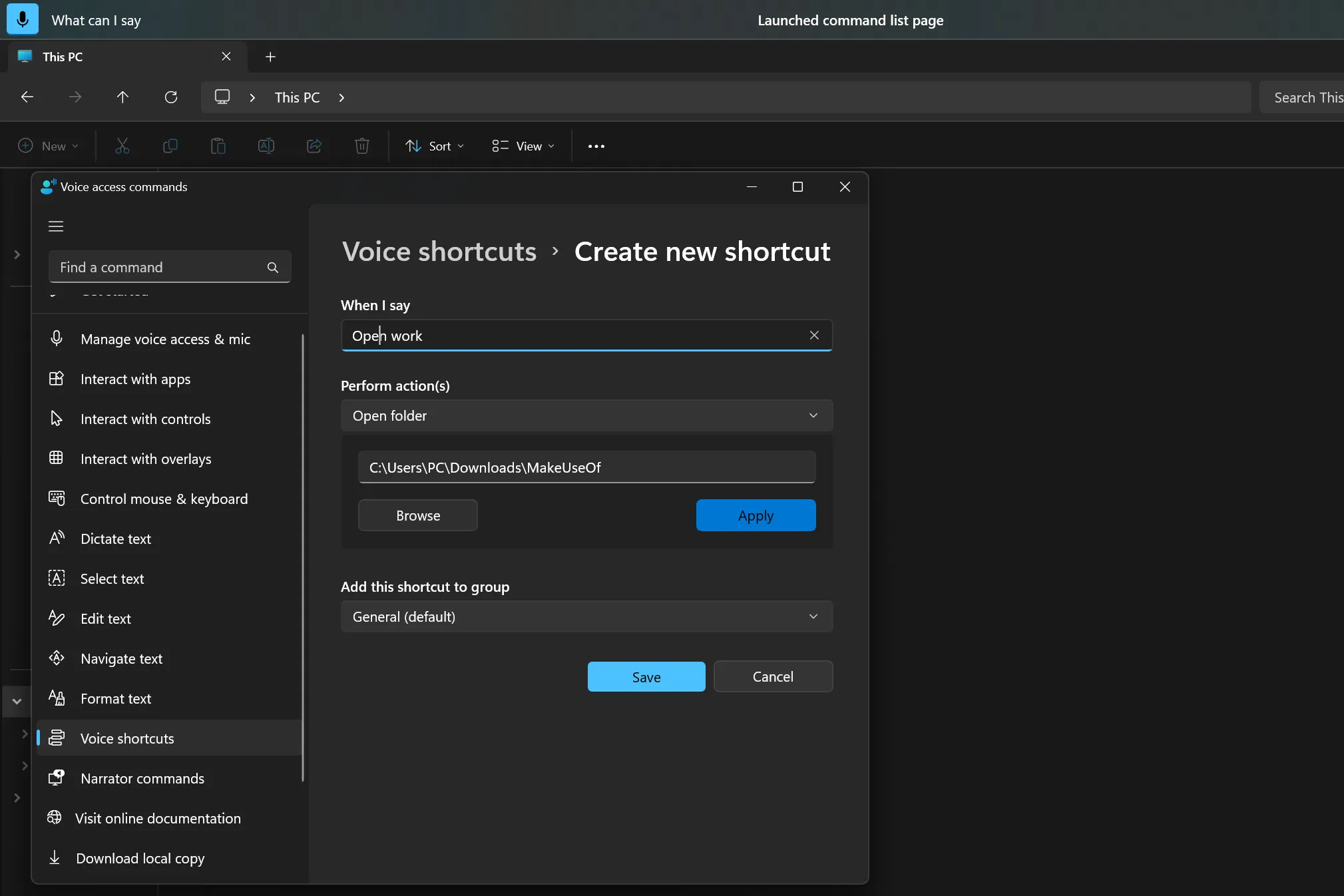 Giao diện tạo phím tắt giọng nói mới trong Voice Access của Windows 11, minh họa cách đặt tên và chọn hành động cho lệnh tùy chỉnh.