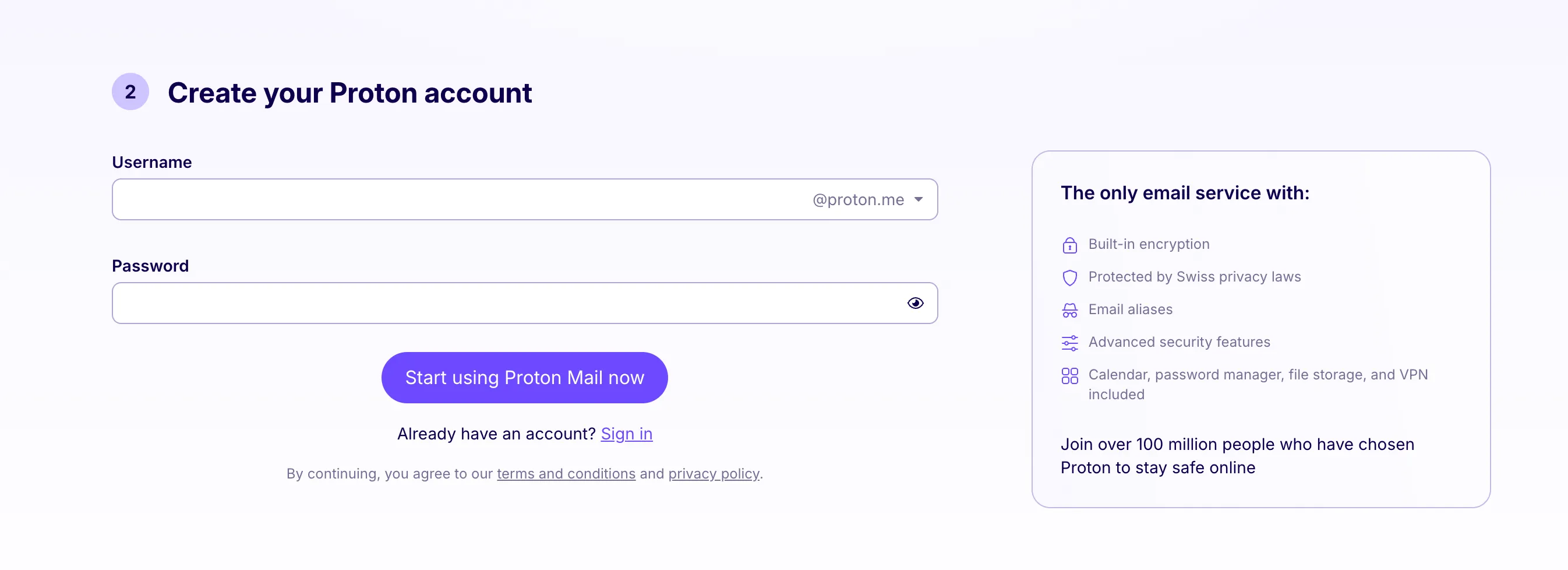 Giao diện tạo tài khoản Proton Mail, ứng dụng email chú trọng bảo mật và quyền riêng tư.