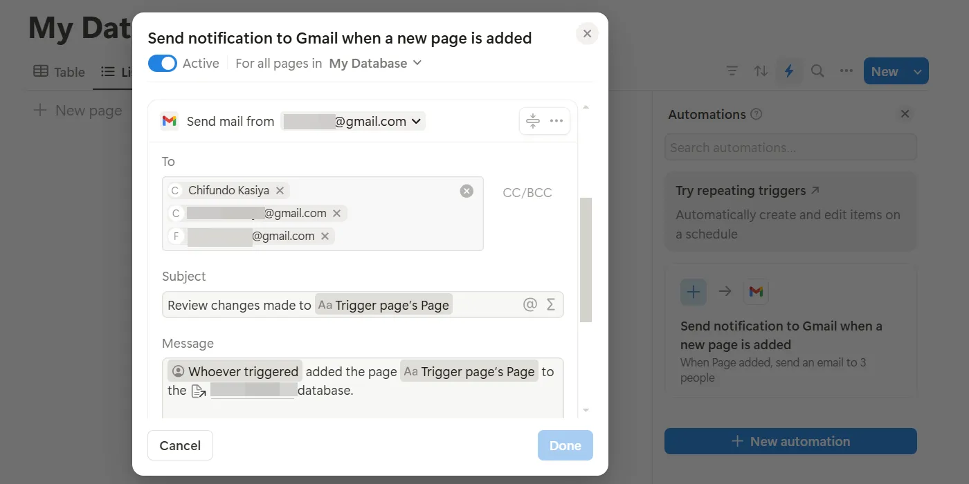Giao diện tạo tự động hóa gửi email Gmail từ cơ sở dữ liệu Notion.