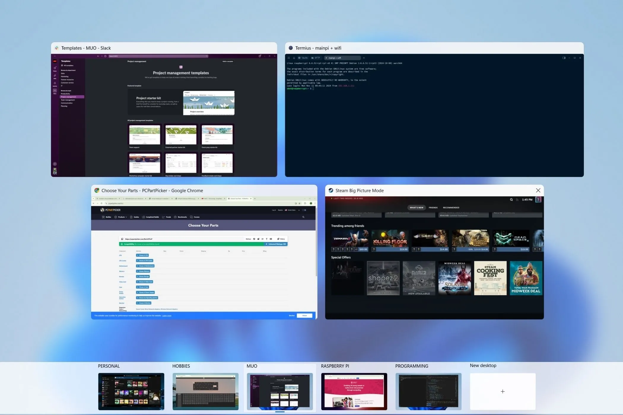 Giao diện Task View trên Windows 11 hiển thị các màn hình ảo (virtual desktops) đang hoạt động, minh họa cách người dùng dễ dàng chuyển đổi và quản lý các không gian làm việc khác nhau.
