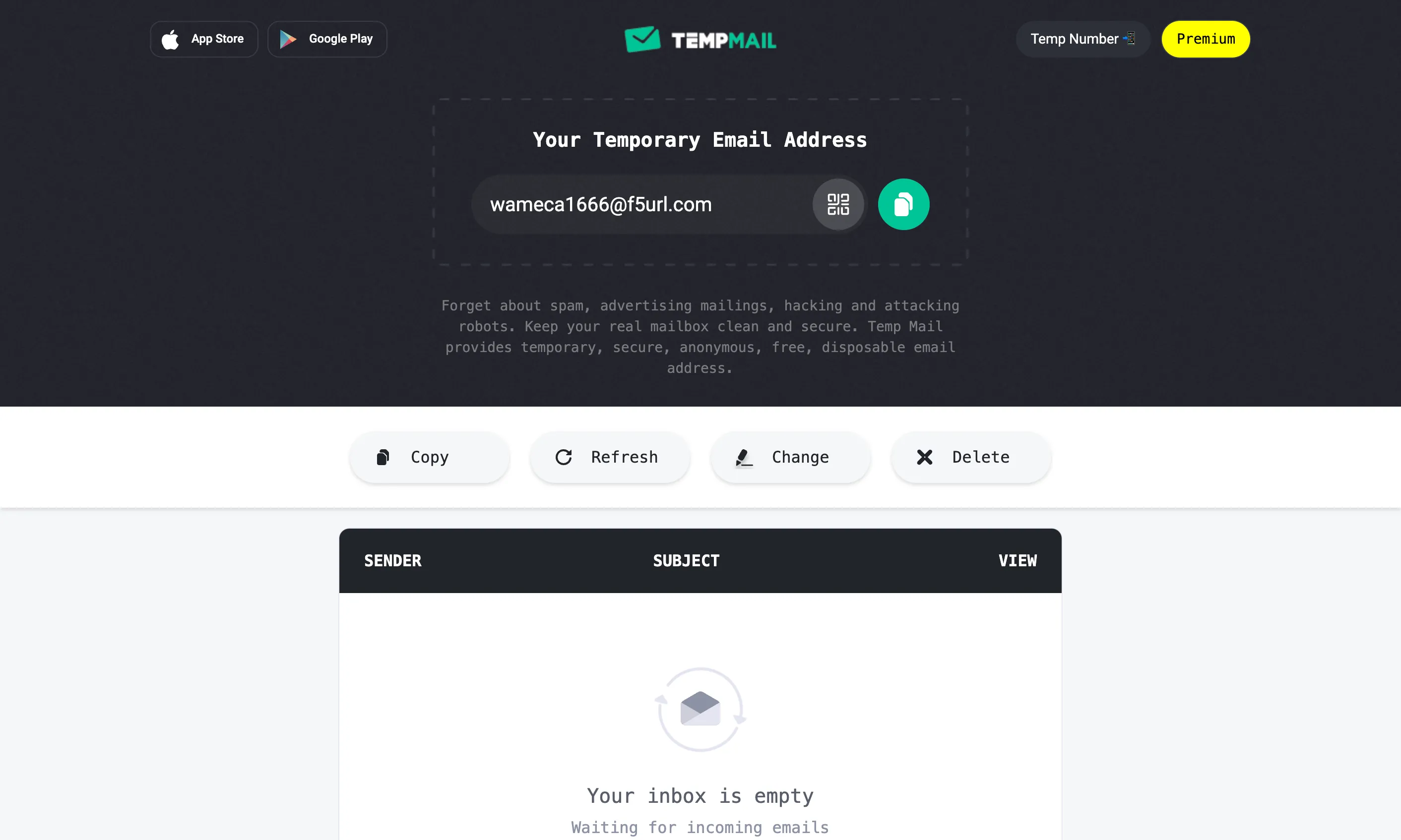 Giao diện Temp Mail hiển thị địa chỉ email tạm thời dùng một lần để bảo vệ quyền riêng tư