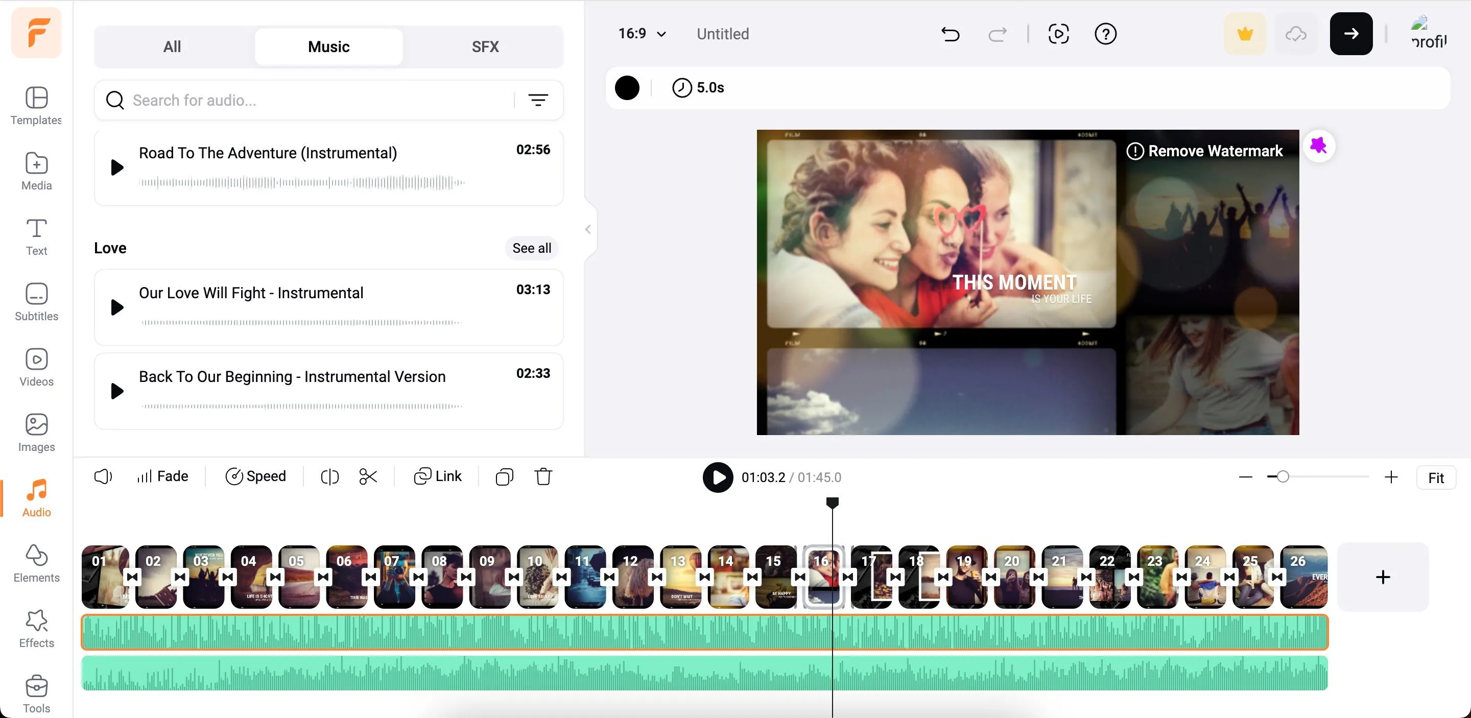 Giao diện thêm nhạc nền vào video trên FlexClip