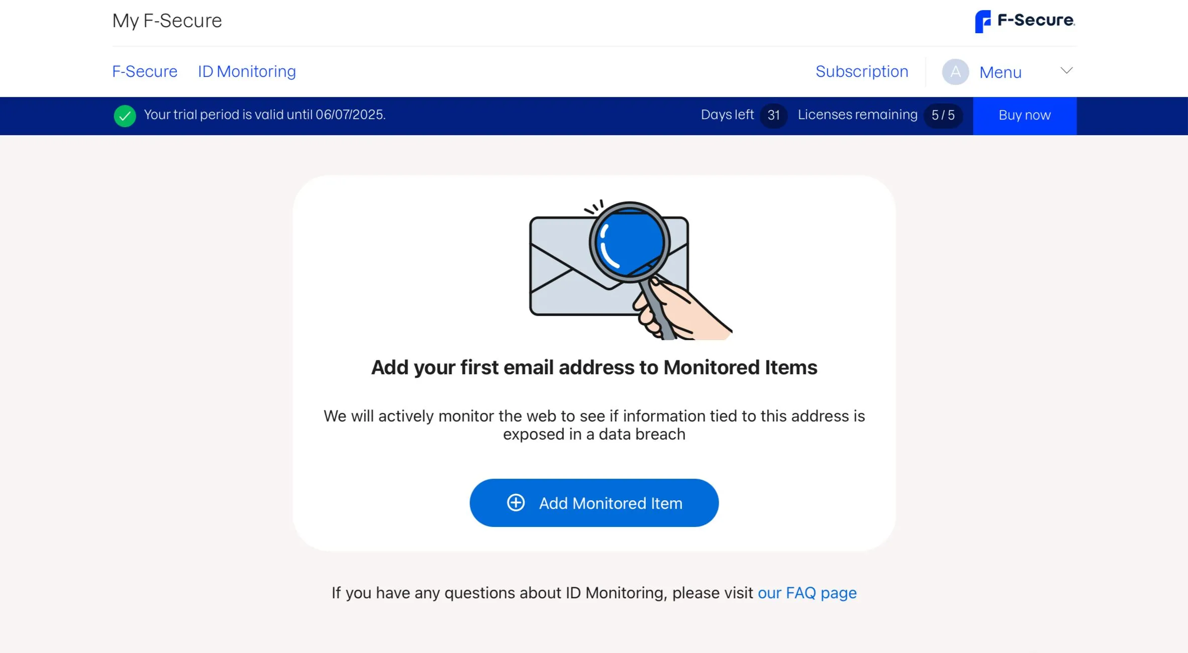 Giao diện thiết lập mục giám sát danh tính trong F-Secure ID Protection, nơi thêm email cần theo dõi