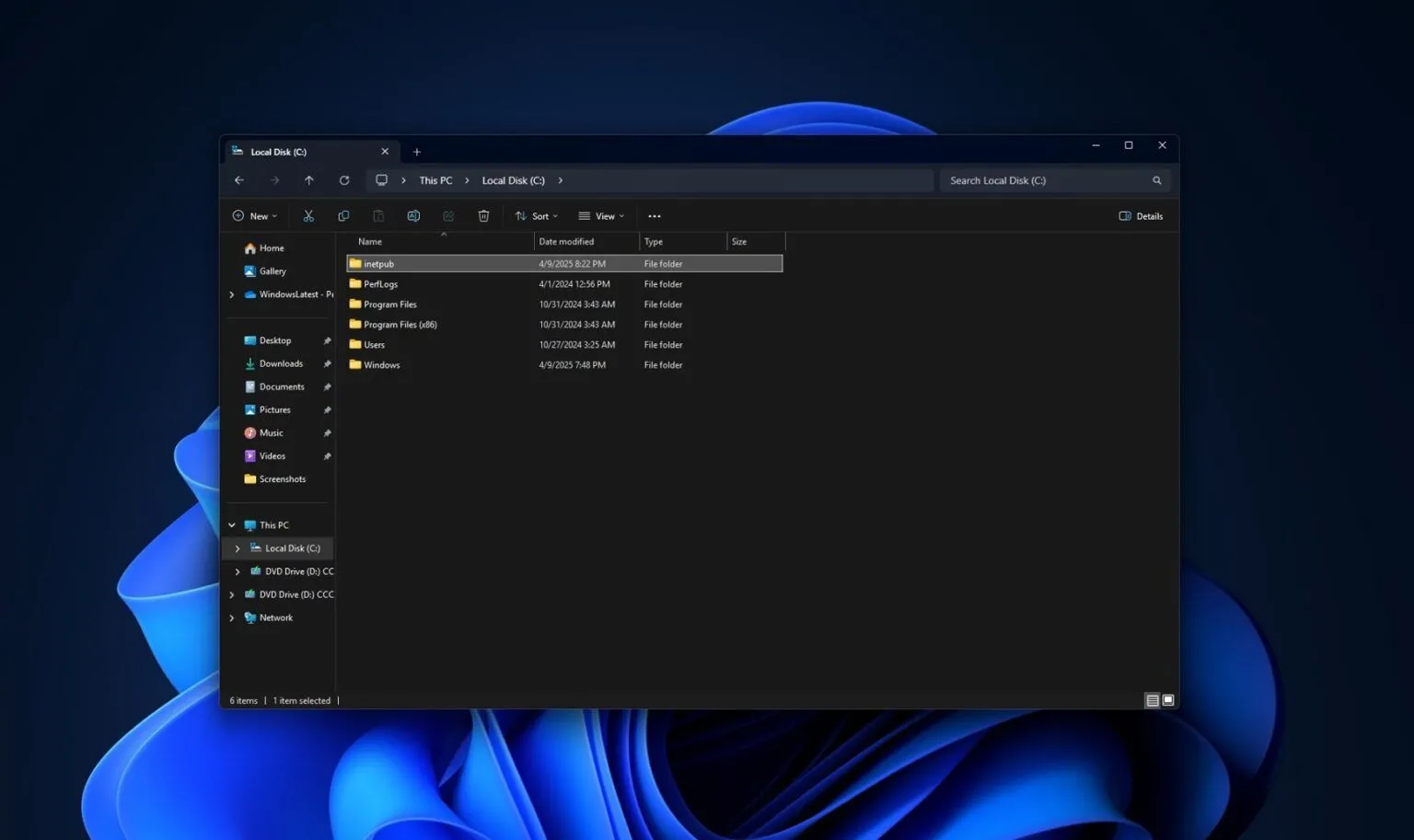 Giao diện thư mục inetpub trống rỗng xuất hiện trên ổ C của Windows 11 sau bản cập nhật tháng 4 năm 2025