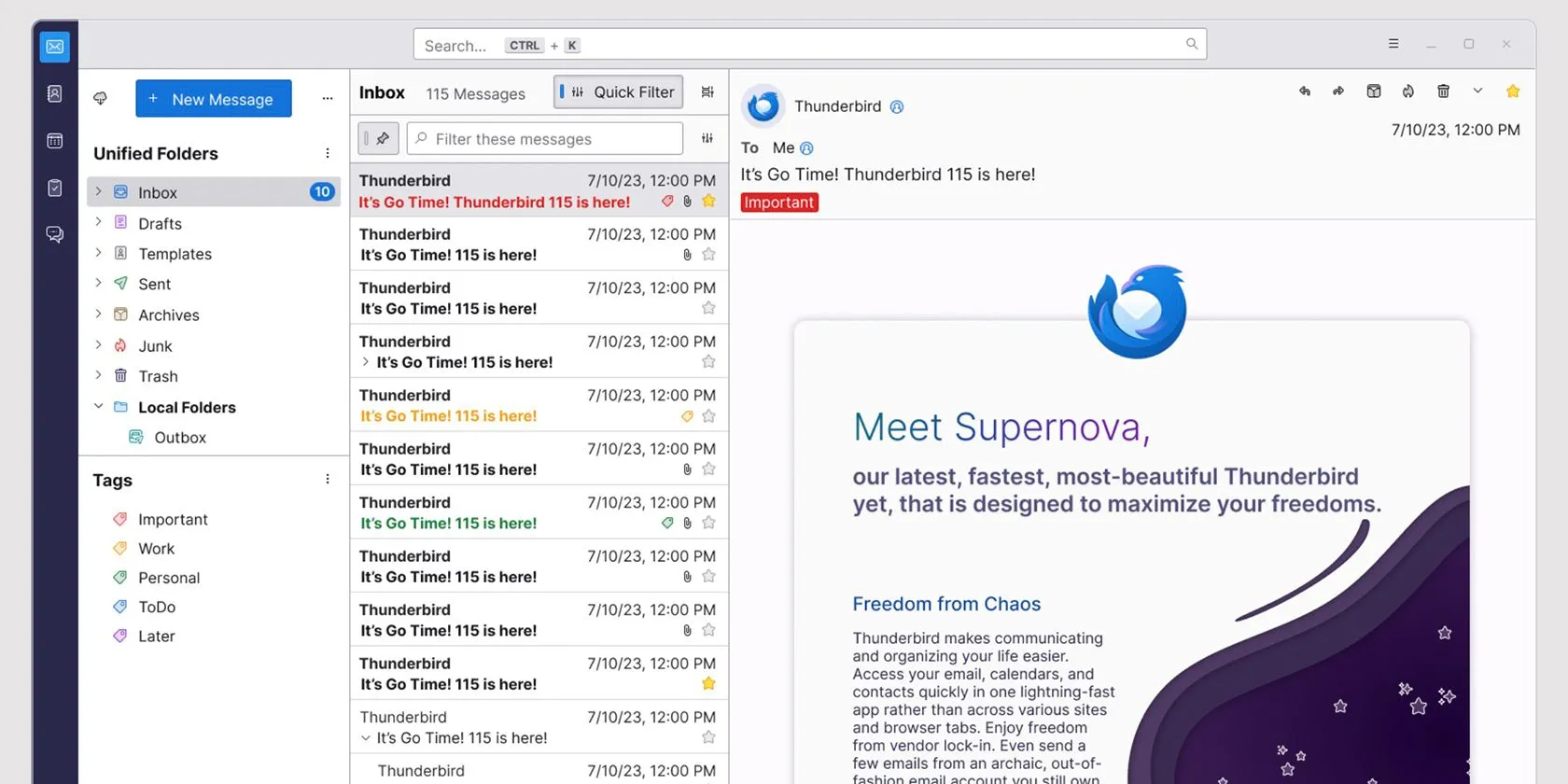 Giao diện Thunderbird với email đang mở và các tab