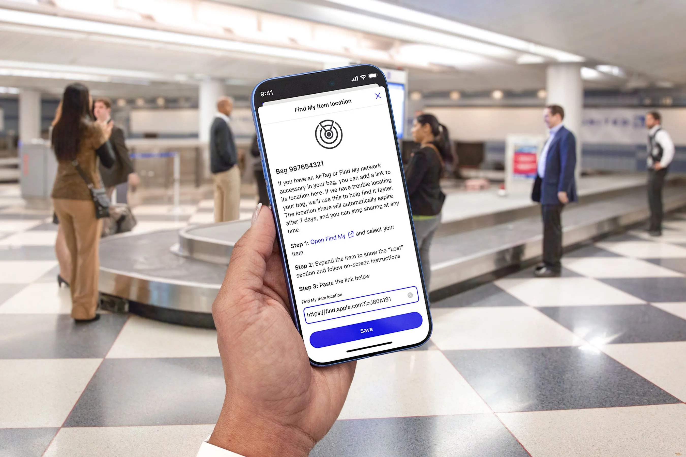 Giao diện tích hợp AirTag trong ứng dụng di động của United Airlines