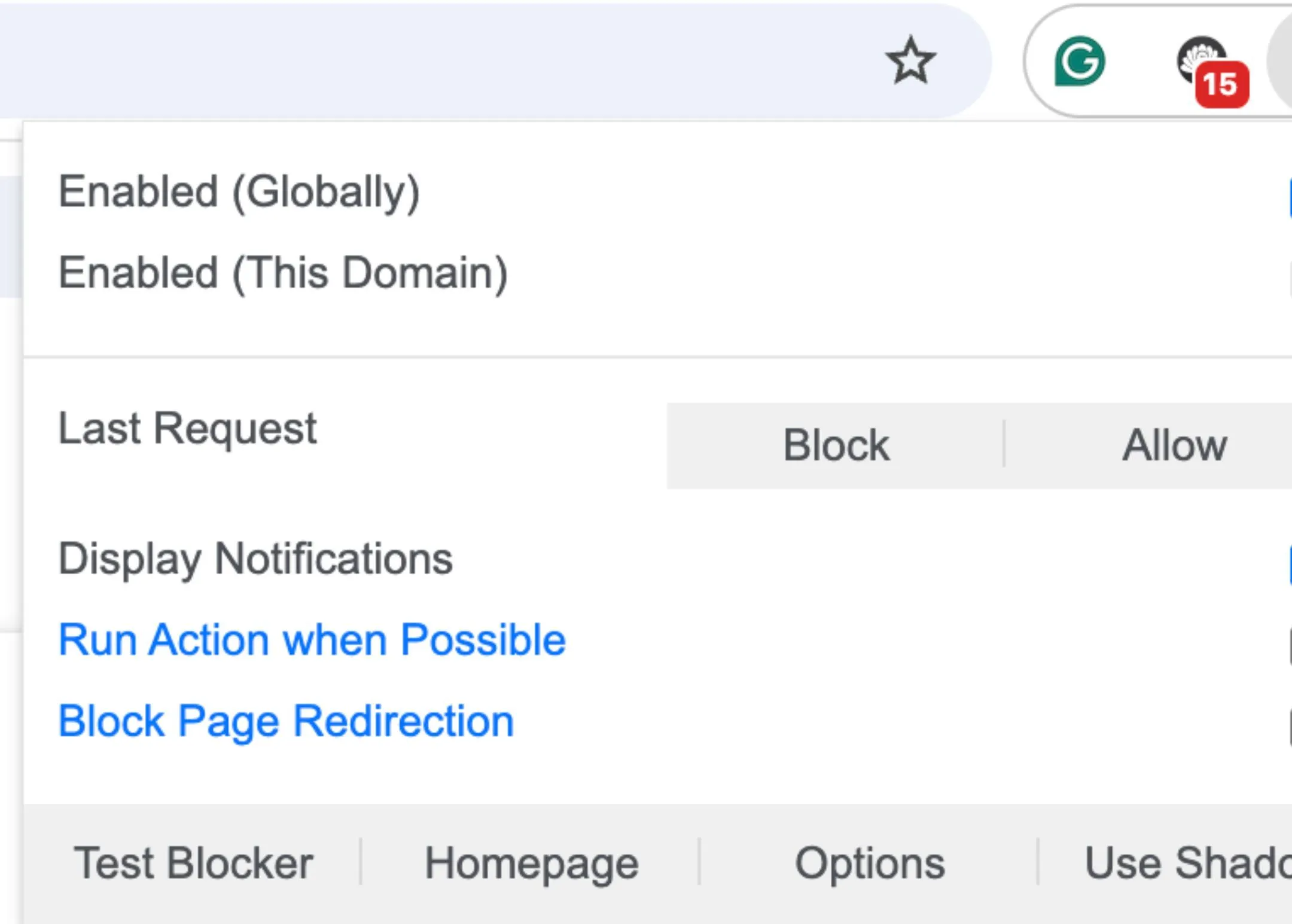 Giao diện tiện ích Popup Blocker (Strict) trên trình duyệt Chrome