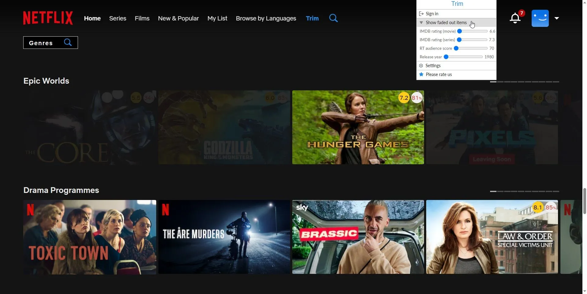 Giao diện tiện ích Trim trên Netflix cho phép ẩn hoặc làm mờ các bộ phim có đánh giá thấp.