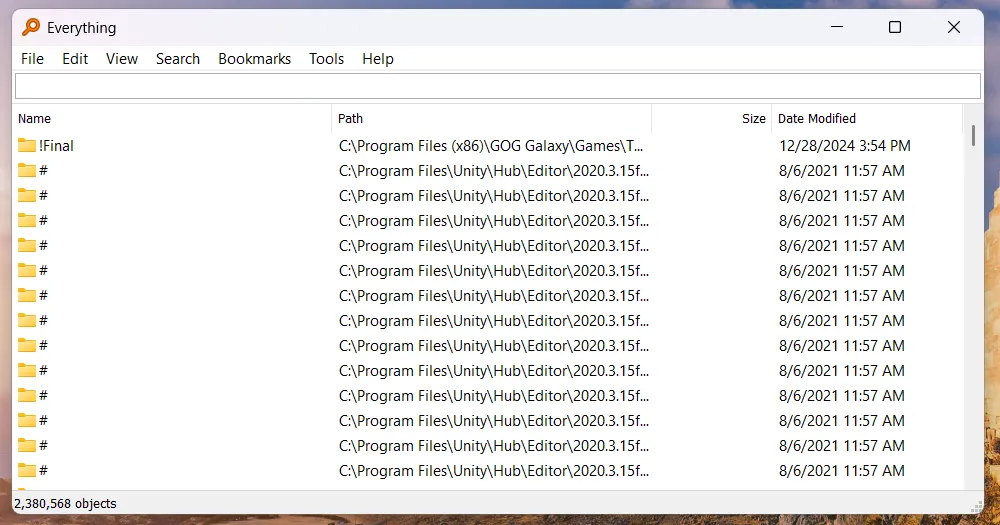 Giao diện tìm kiếm file siêu nhanh của ứng dụng Everything trên Windows