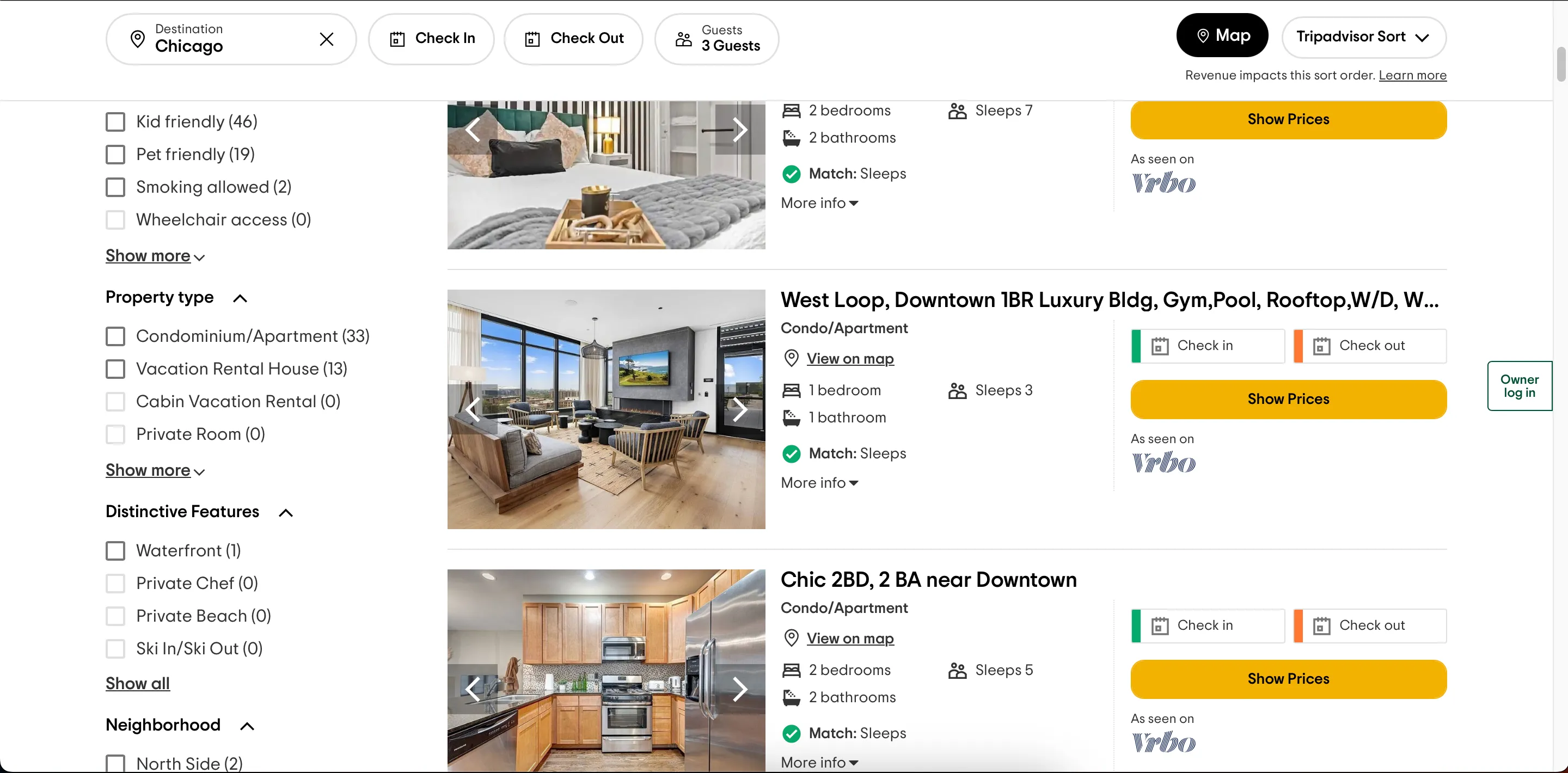 Giao diện tìm kiếm nhà nghỉ dưỡng trên ứng dụng Tripadvisor, hiển thị tùy chọn đặt phòng Vrbo