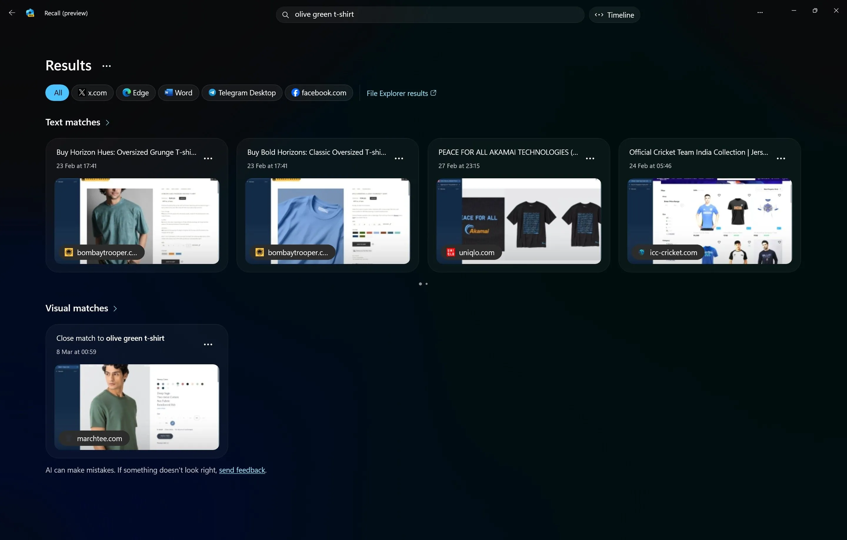 Giao diện tìm kiếm thông minh của Windows Recall, cho phép người dùng nhập từ khóa để tìm lại các snapshot và nội dung đã tương tác.