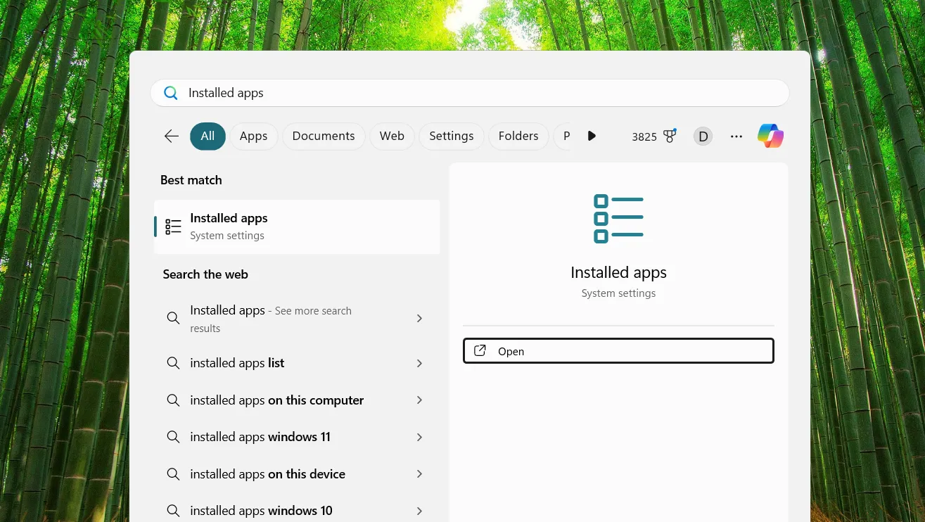 Giao diện tìm kiếm Windows 11 khi gõ "installed apps" để mở mục ứng dụng đã cài đặt