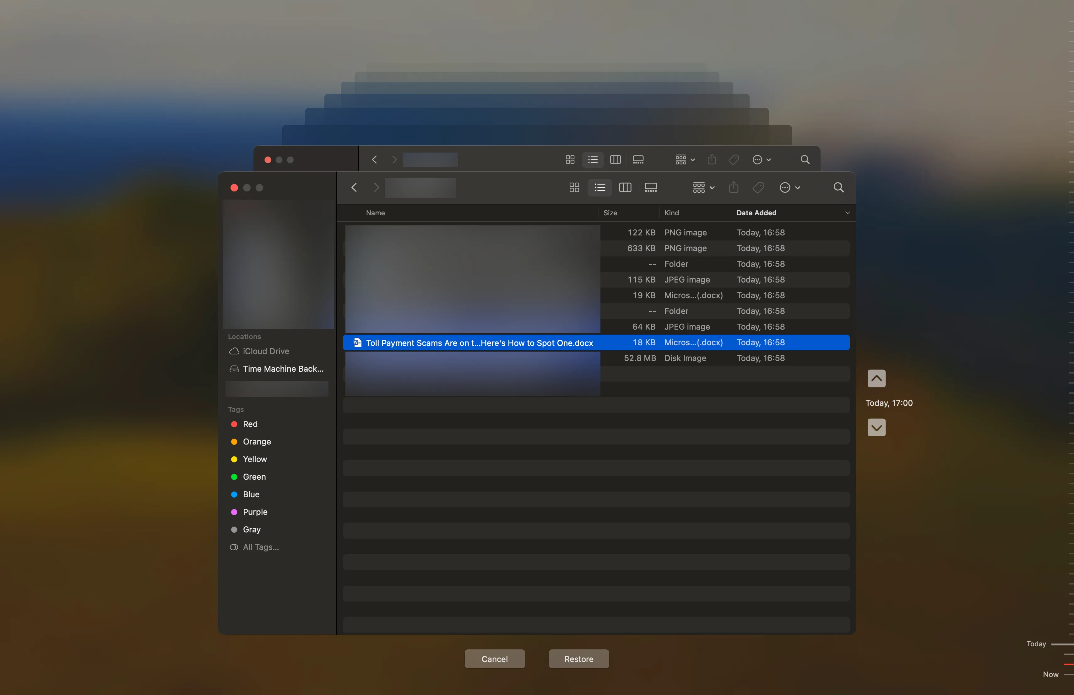 Giao diện Time Machine trên macOS minh họa quá trình khôi phục tài liệu Word chưa lưu từ bản sao lưu, giúp phục hồi dữ liệu bị mất.