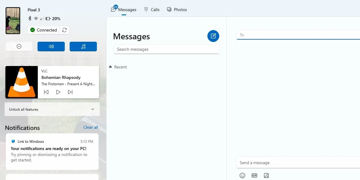 Giao diện tin nhắn Phone Link của Microsoft trên màn hình Windows