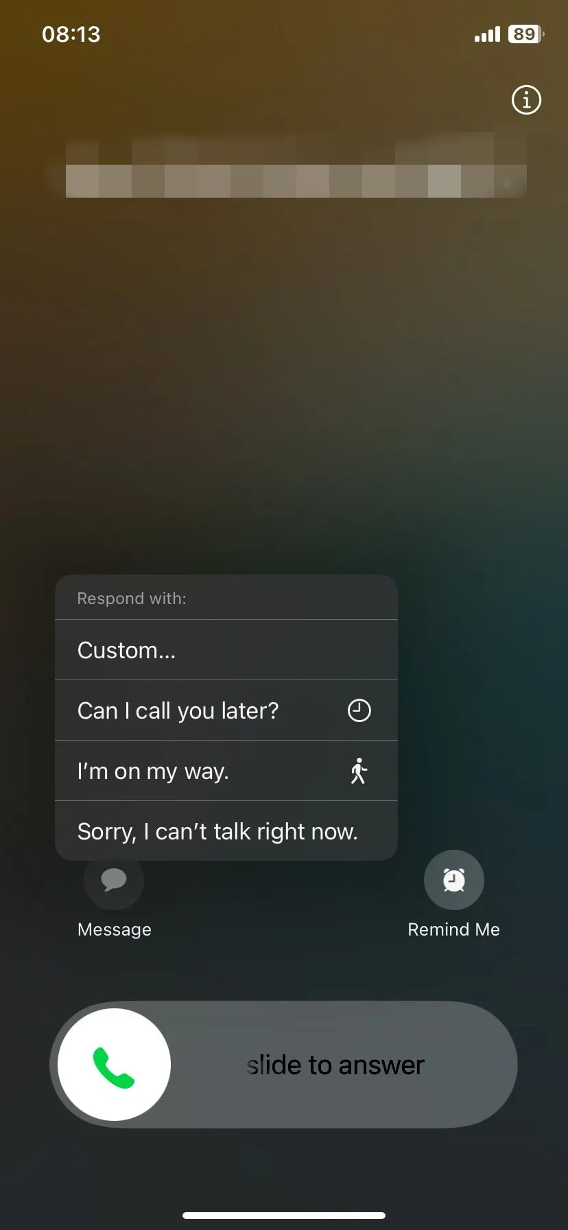 Giao diện tin nhắn trả lời nhanh trên iOS khi có cuộc gọi đến
