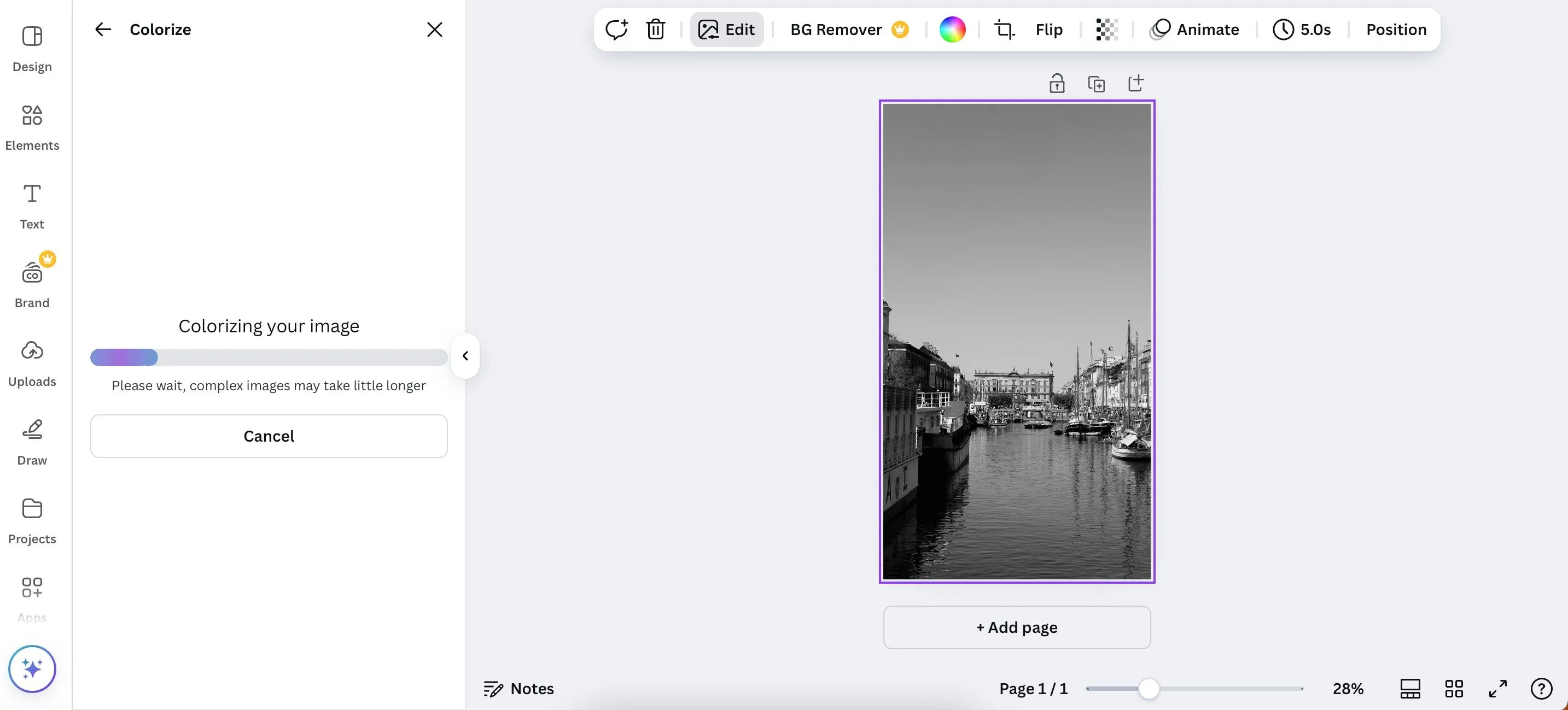 Giao diện tính năng Colorize giúp tô màu ảnh đen trắng tự động trong Canva