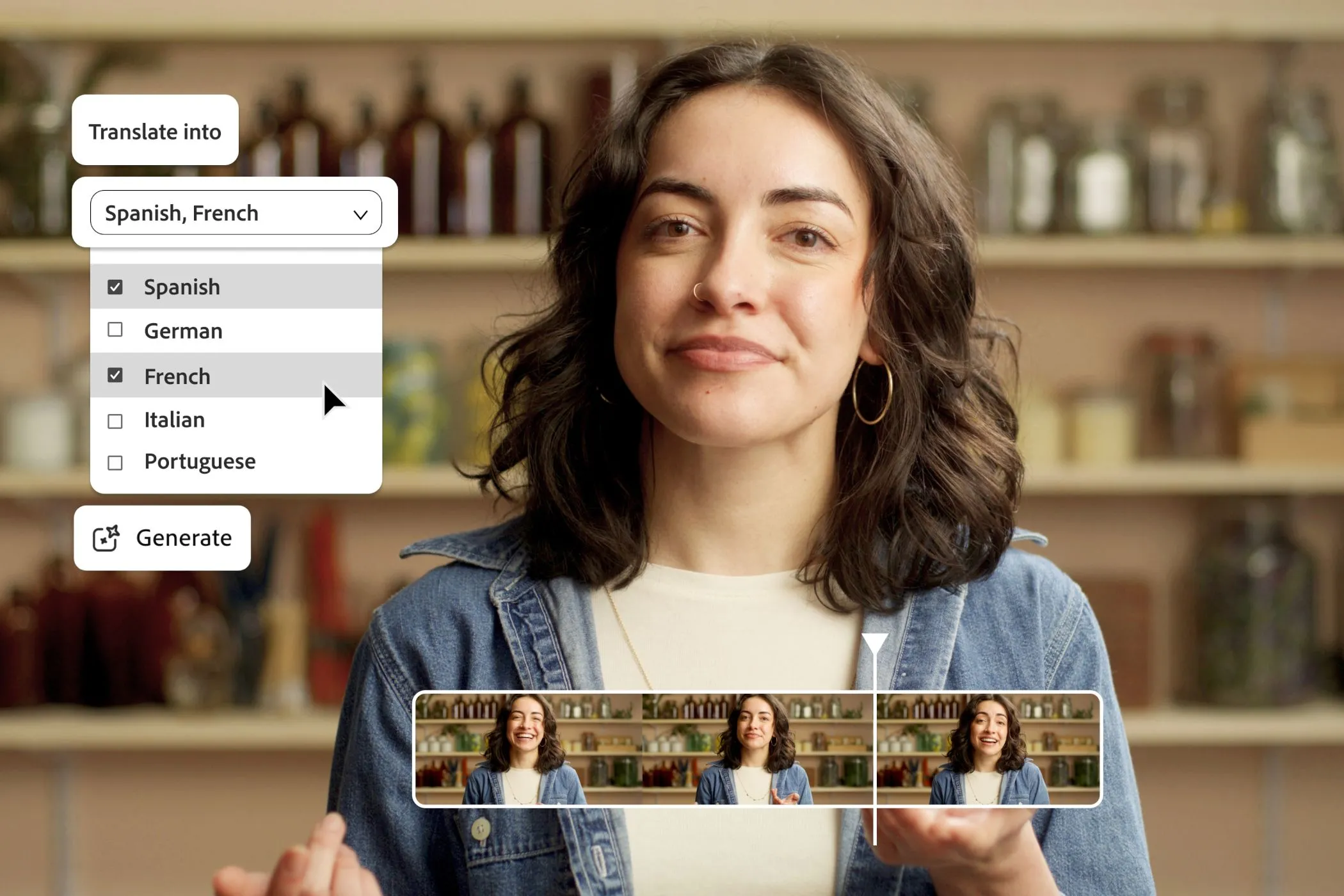 Giao diện tính năng dịch video của Adobe Firefly, một phụ nữ đang nói và menu lựa chọn ngôn ngữ, minh họa khả năng dịch thuật AI tiên tiến.