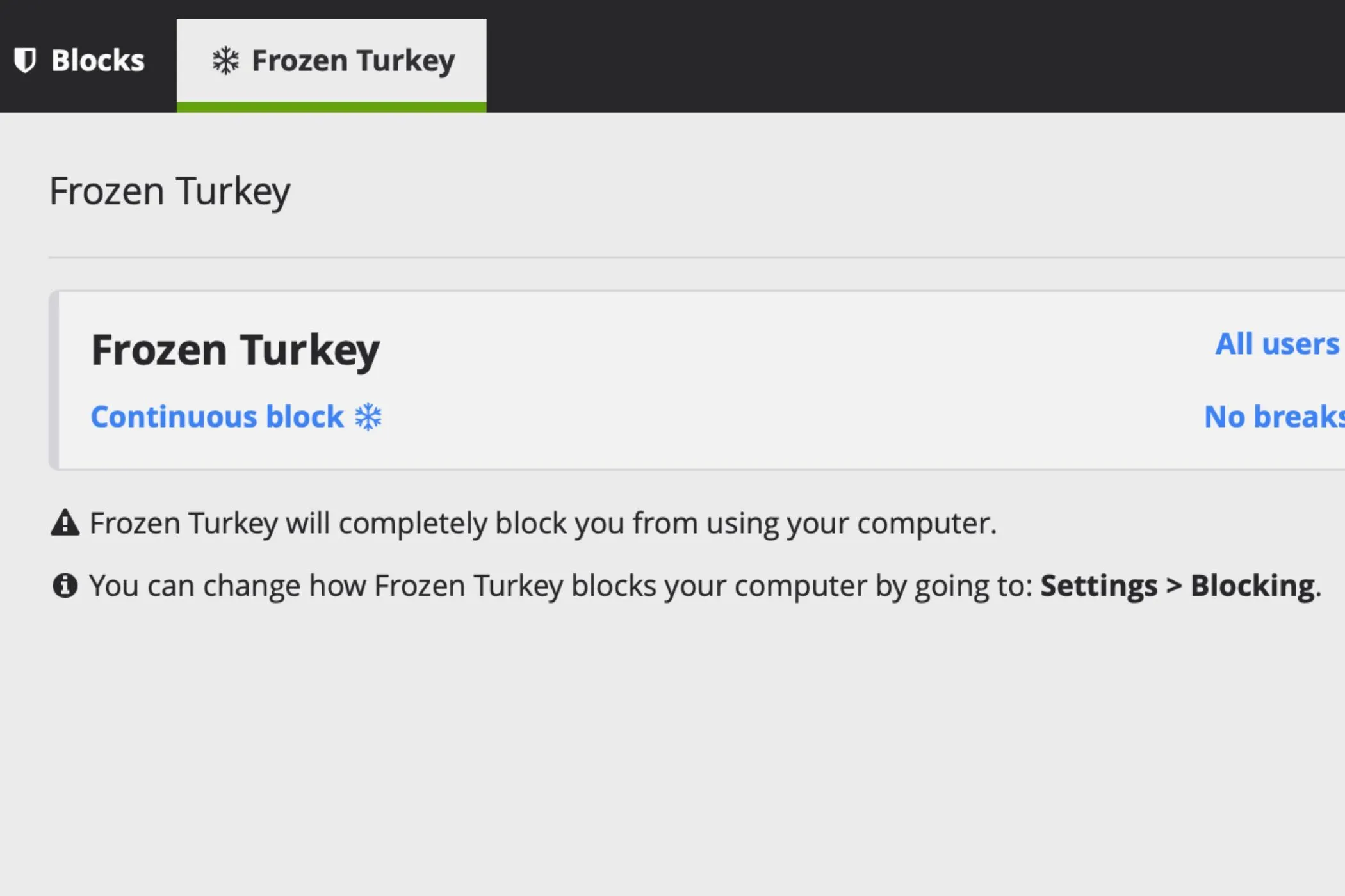 Giao diện tính năng "Frozen Turkey" của Cold Turkey giúp thiết lập chặn cứng website