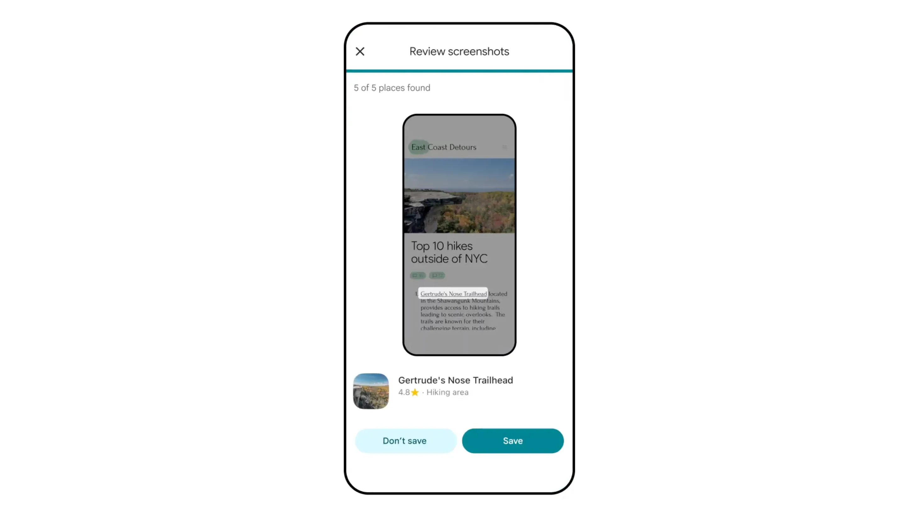 Giao diện tính năng xem lại ảnh chụp màn hình địa điểm du lịch trên Google Maps, cho phép người dùng xác nhận và lưu.