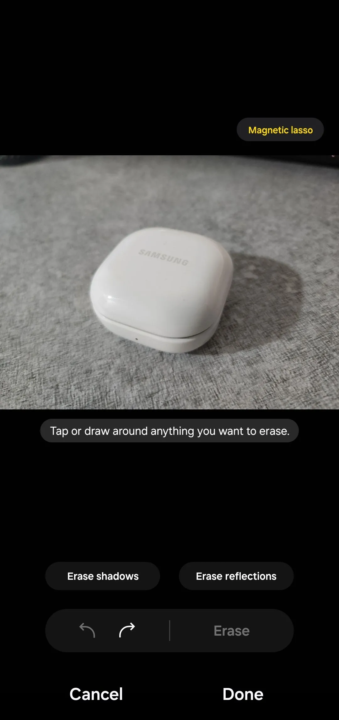 Giao diện tính năng Xóa Đối Tượng trên ứng dụng chỉnh sửa ảnh Samsung Galaxy với tùy chọn xóa bóng và phản chiếu