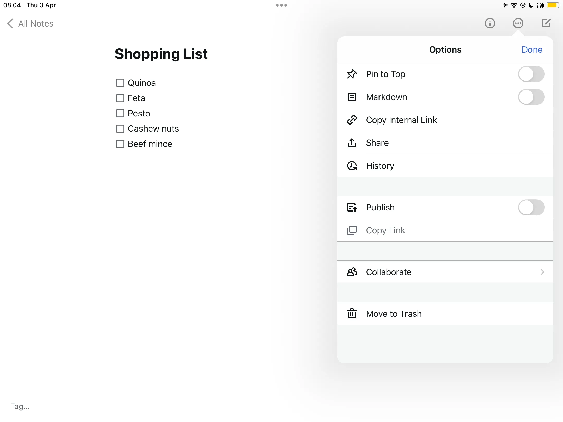 Giao diện tối giản của ứng dụng Simplenote với tùy chọn checklist